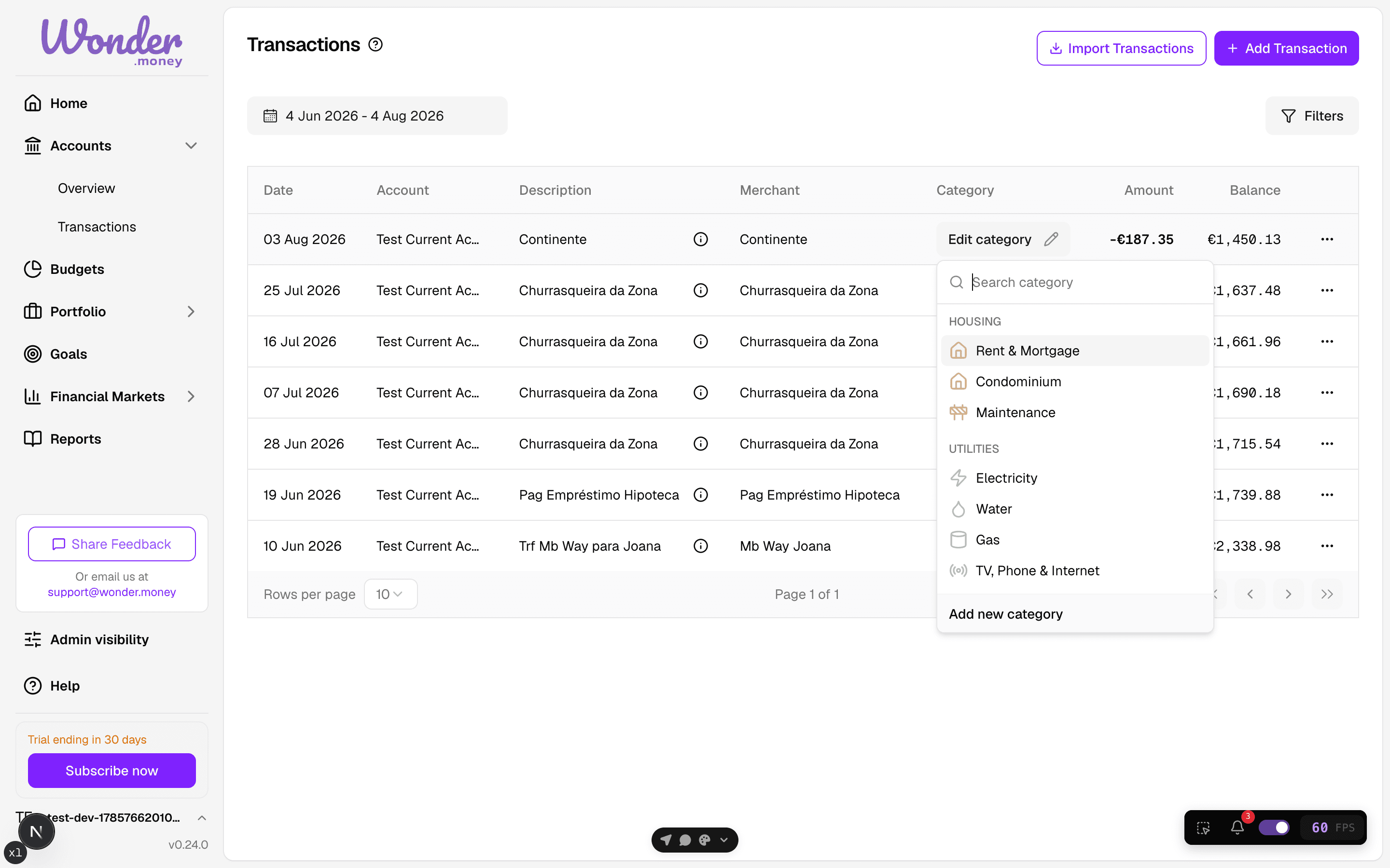 Transactions list with the category picker open showing the available categories.