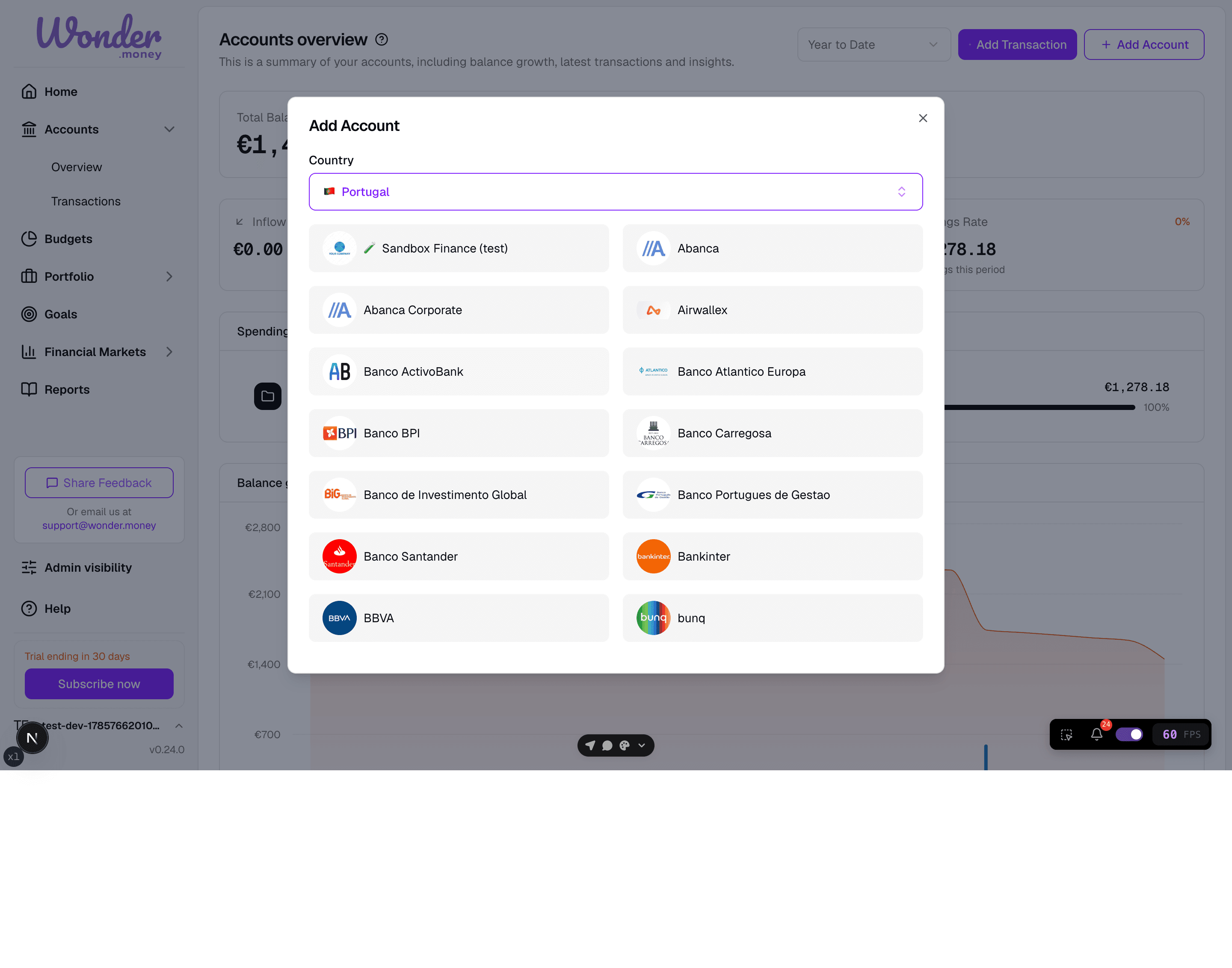 Bank picker modal listing Sandbox Finance first, followed by supported institutions.