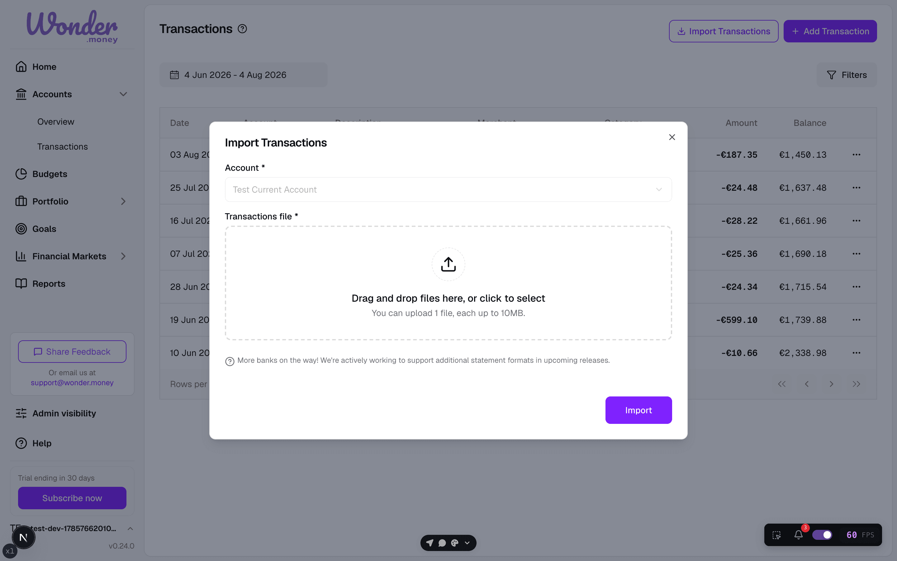 Import Transactions modal with a drag-and-drop file upload area.