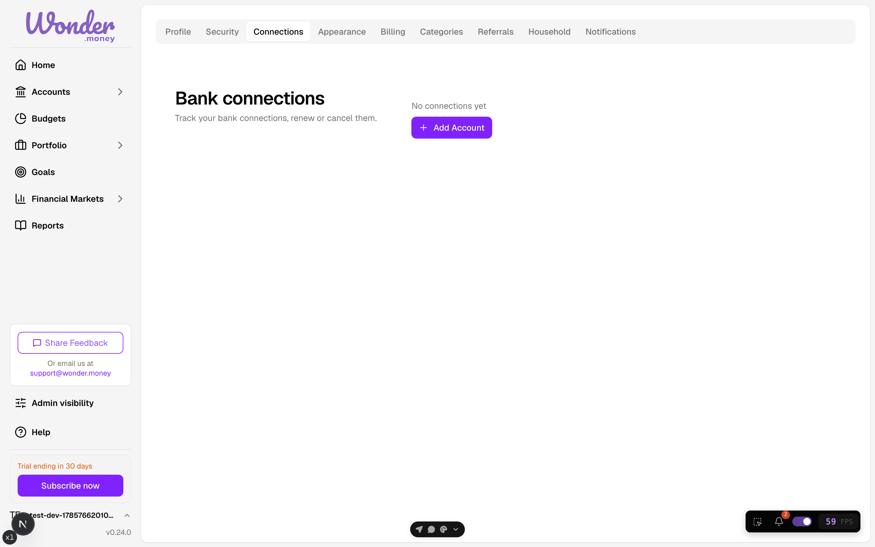 Settings Connections tab showing the bank connections list with an empty state.