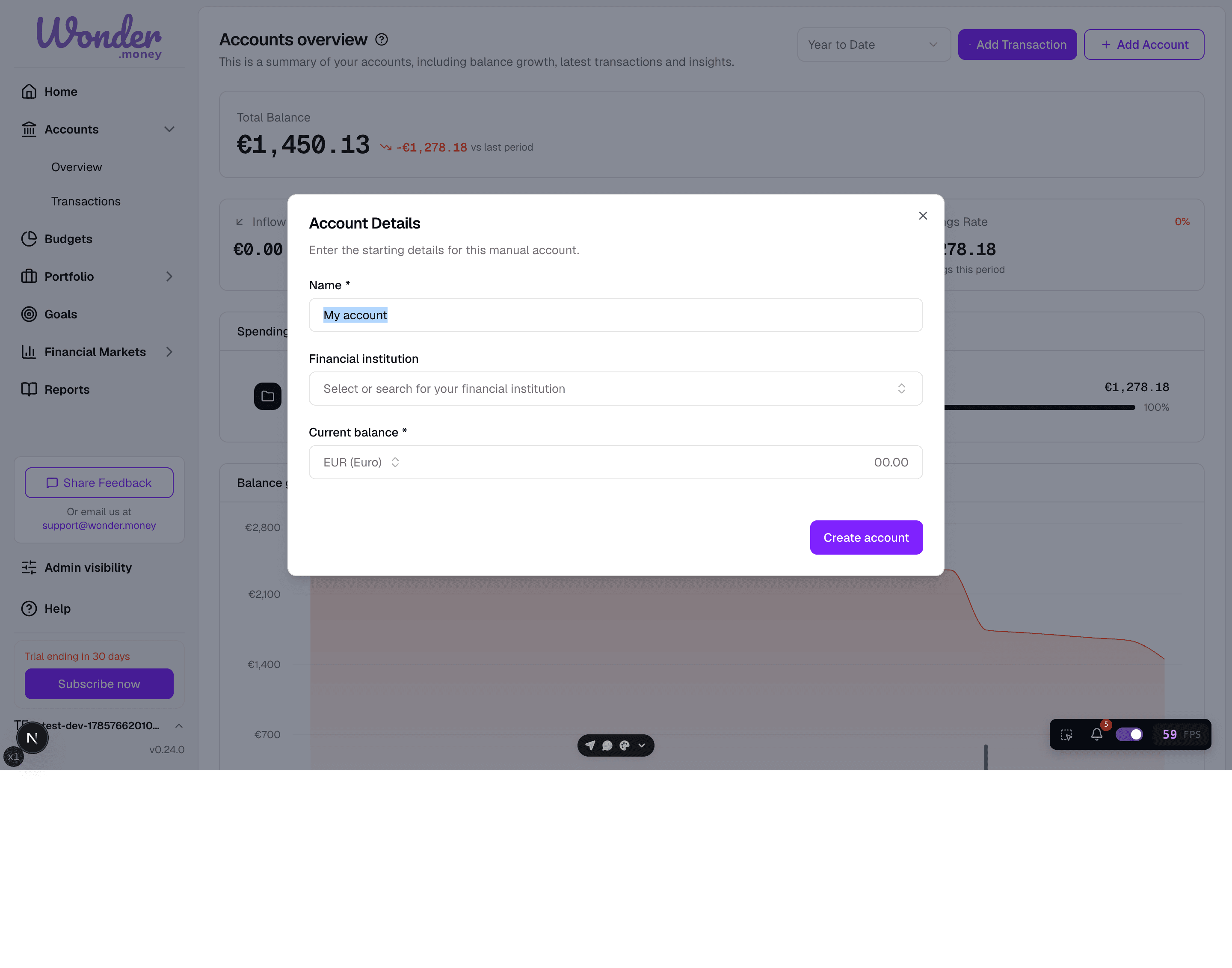 Account Details form with fields for the account name, institution, and current balance.