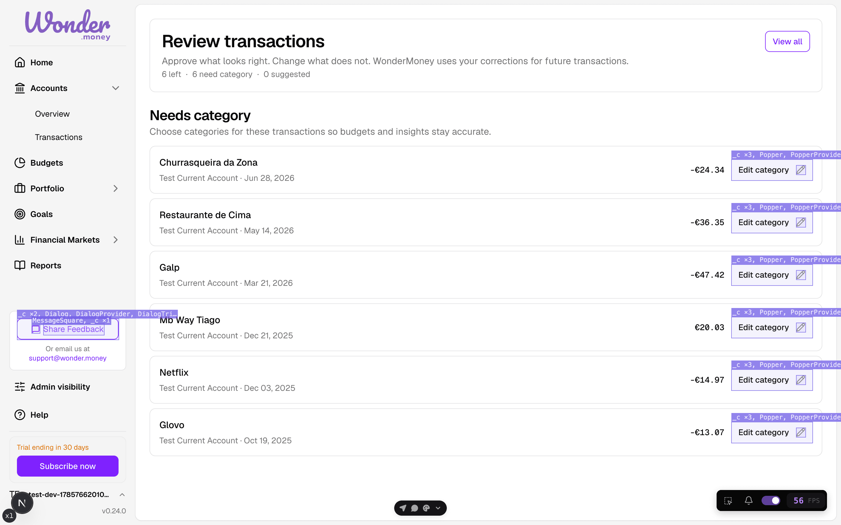 Review transactions page listing uncategorized transactions that need a category.