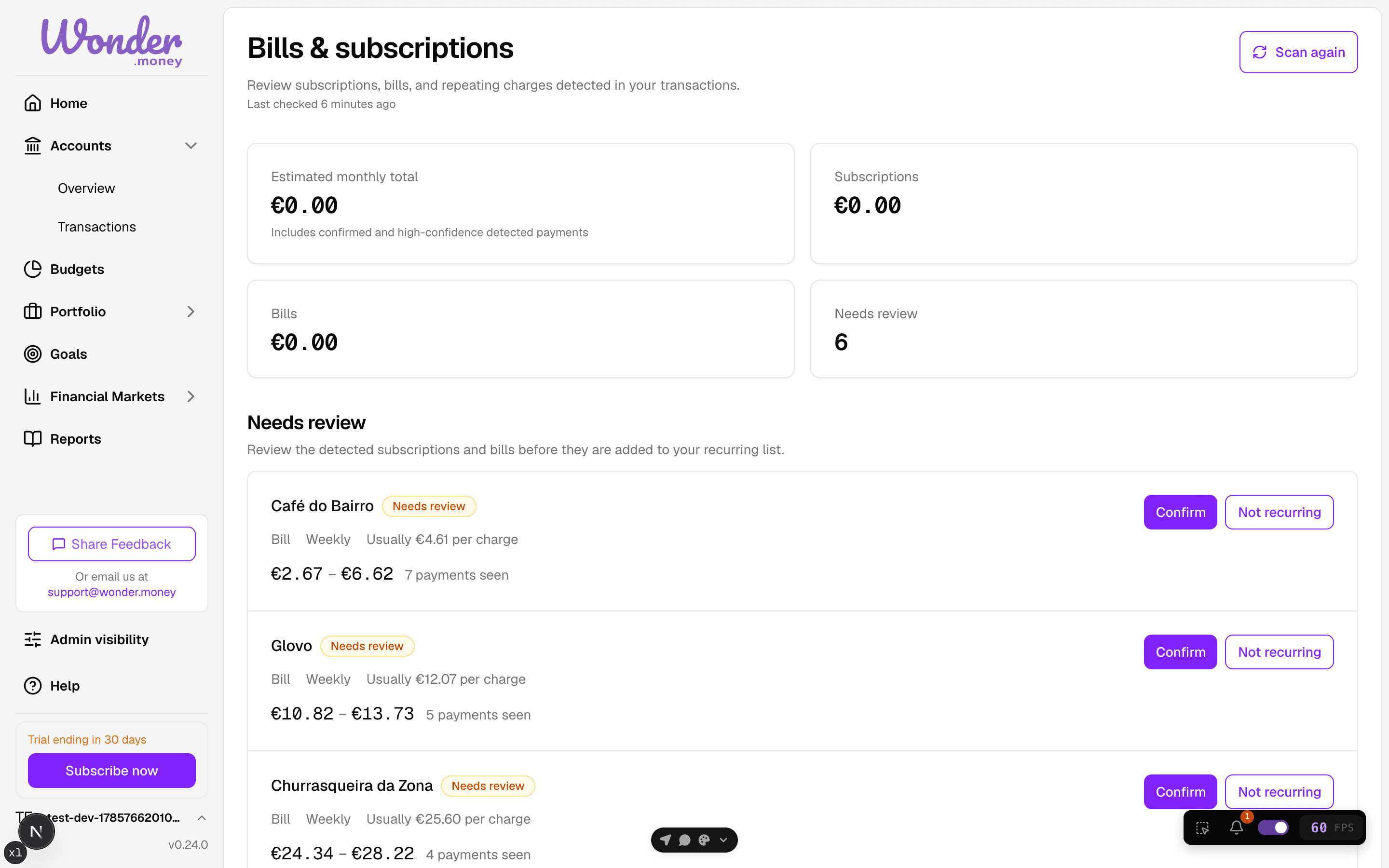 Recurring payments page showing detected series under a Needs review section.