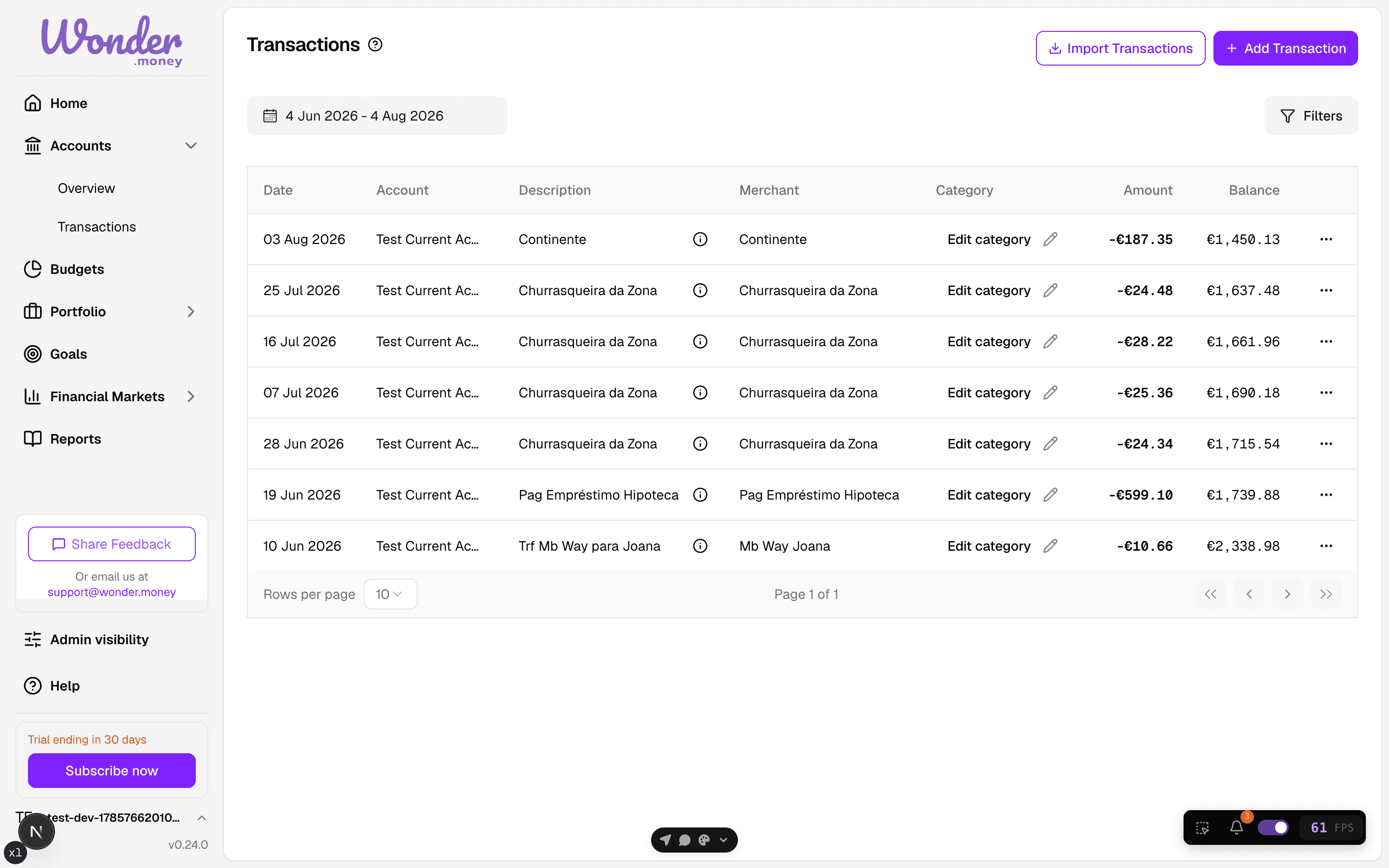 Transactions list with date, account, merchant, category, amount, and balance columns.