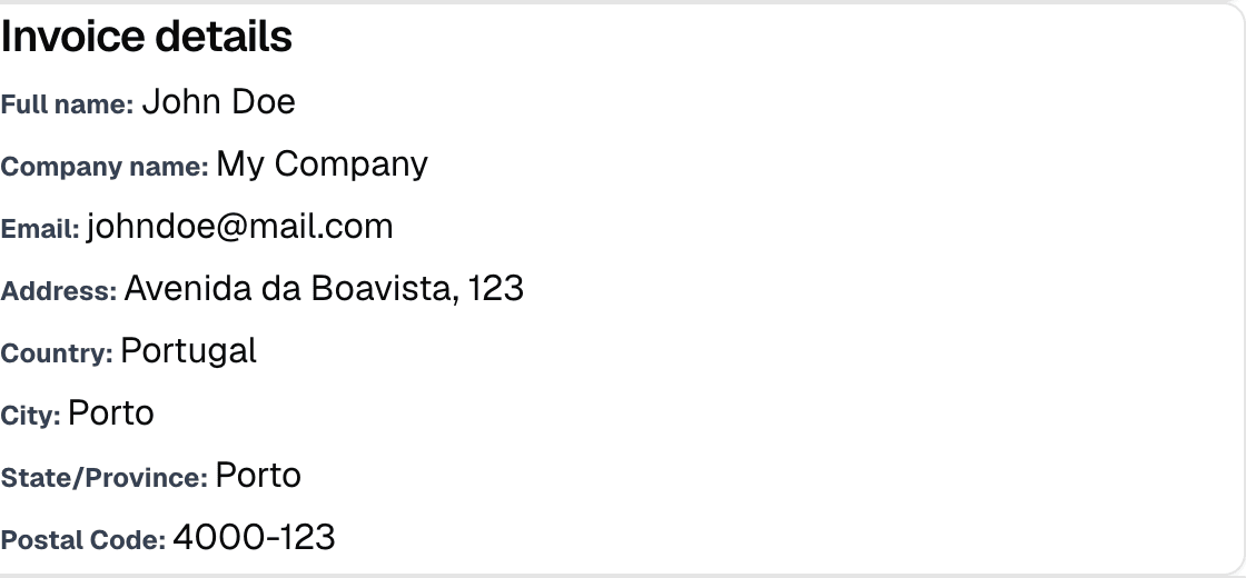Invoice details card showing the billing name, company, email, and address.