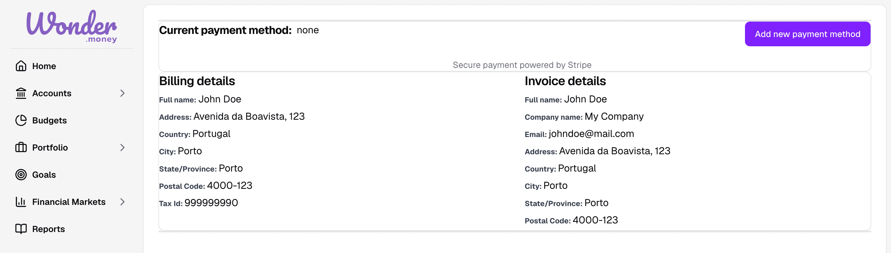 Billing page with the payment method card, billing details, and invoice details.