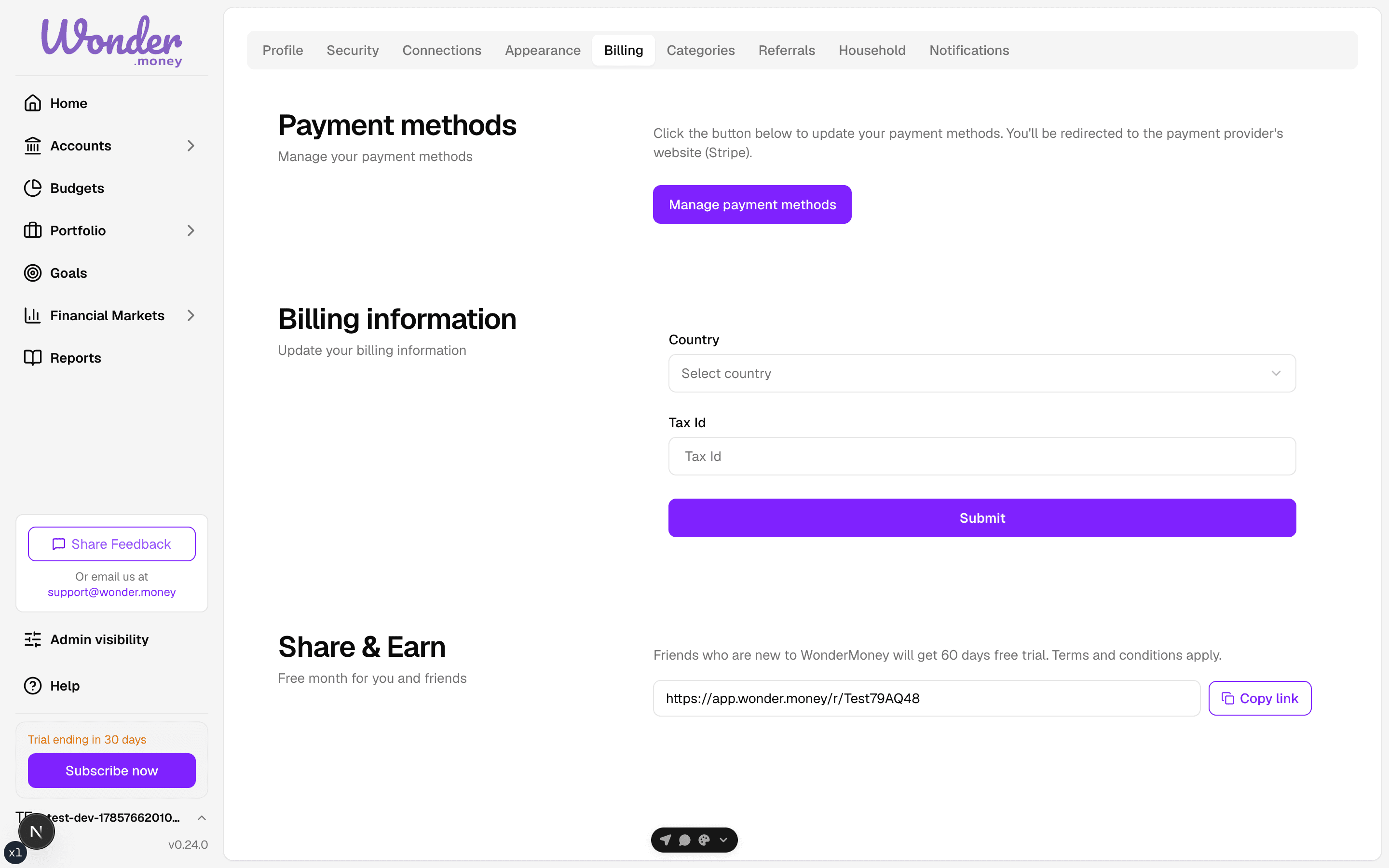 Billing settings tab with payment methods, billing information, and referral sections.