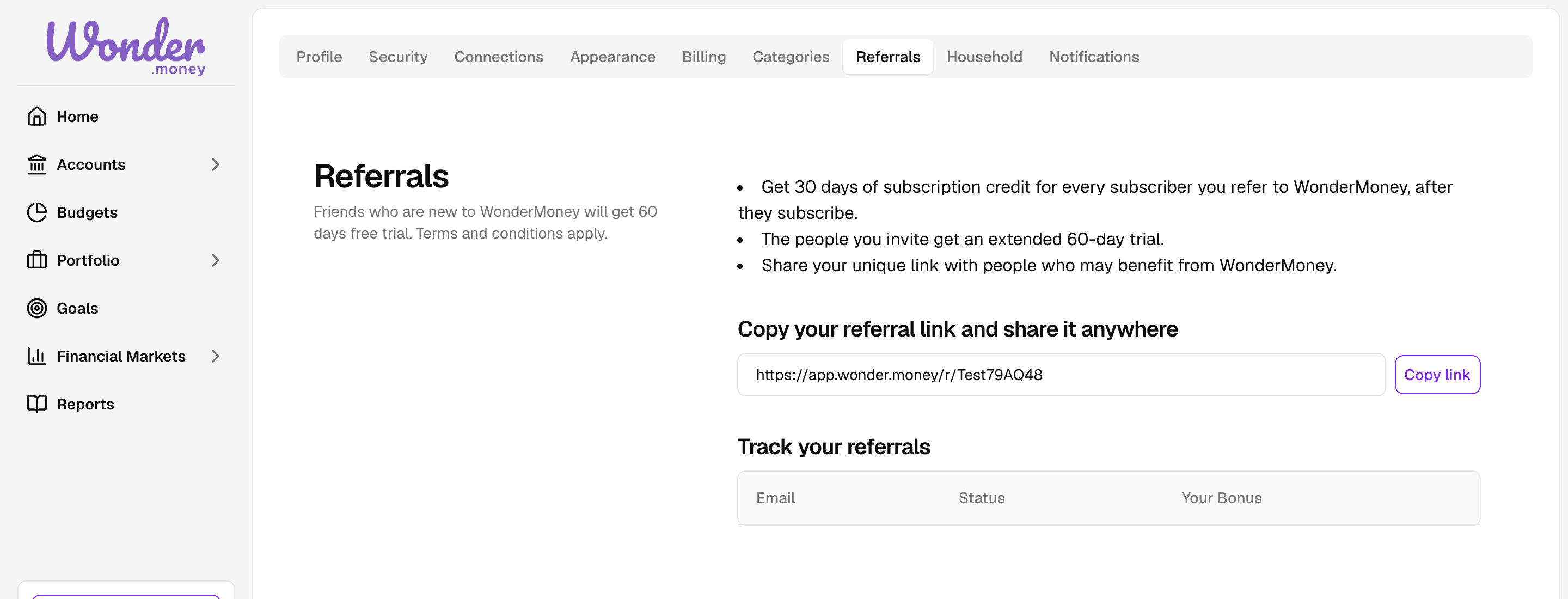 Referrals tab with the referral link, a copy button, and a track your referrals table.