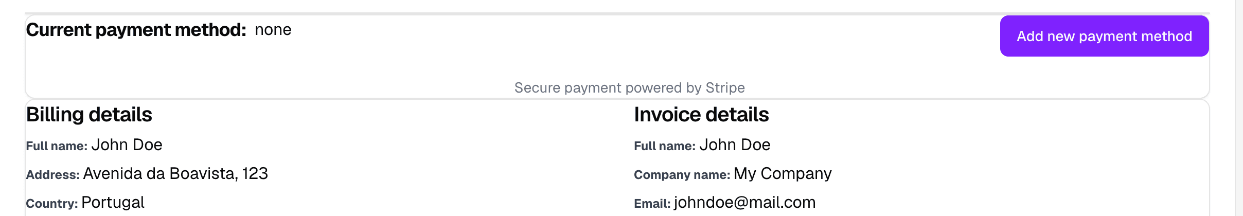 Billing page showing the current payment method as none with an Add new payment method button.