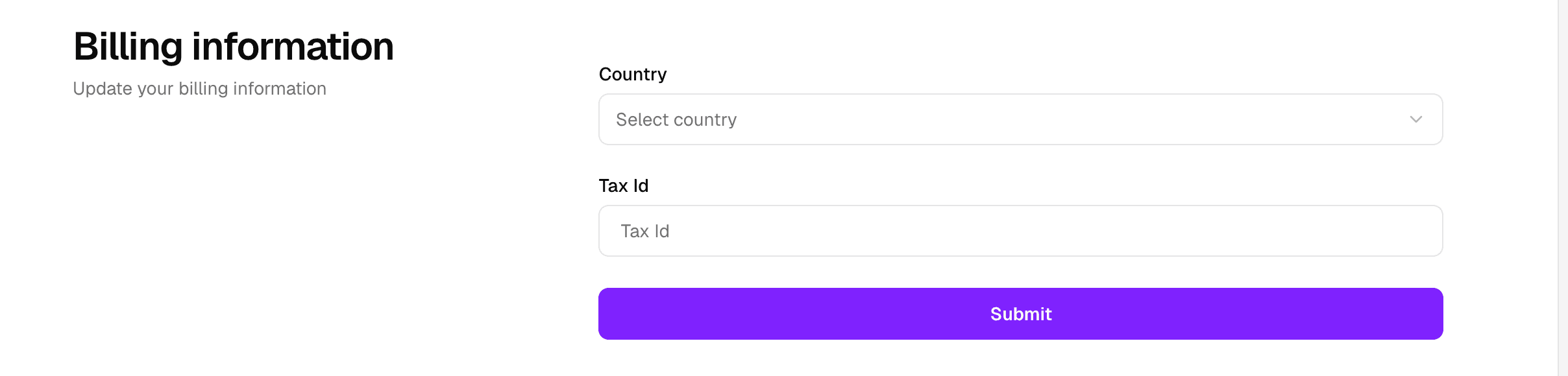 Billing information form with country and tax ID fields.