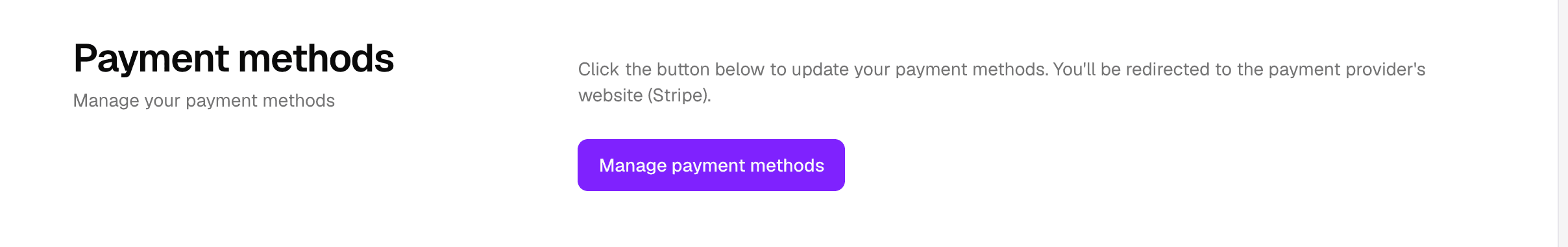 Payment methods section with a Manage payment methods button that opens the payment provider.