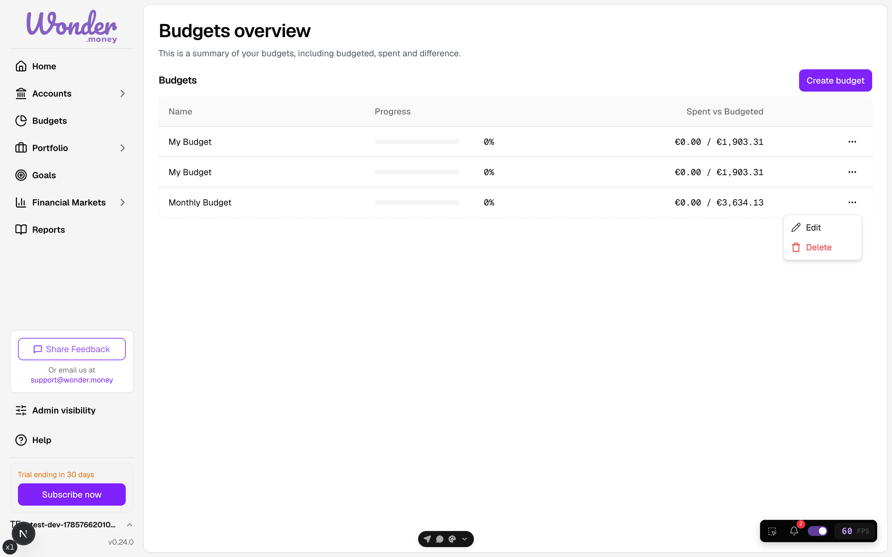 Budgets overview with the row overflow menu open showing Edit and Delete options.