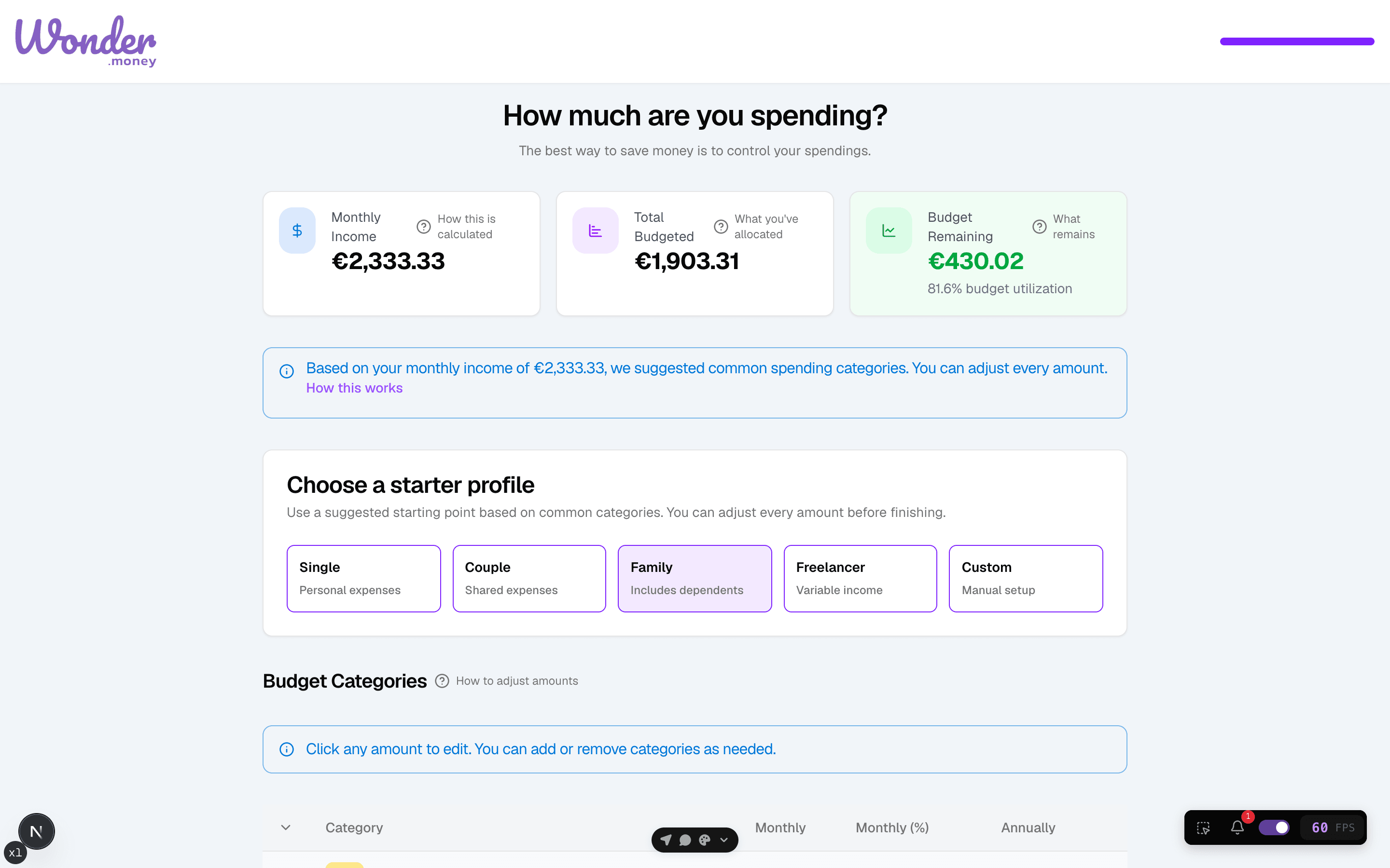 Budget wizard categories step with the starter profile options and monthly amounts per category.