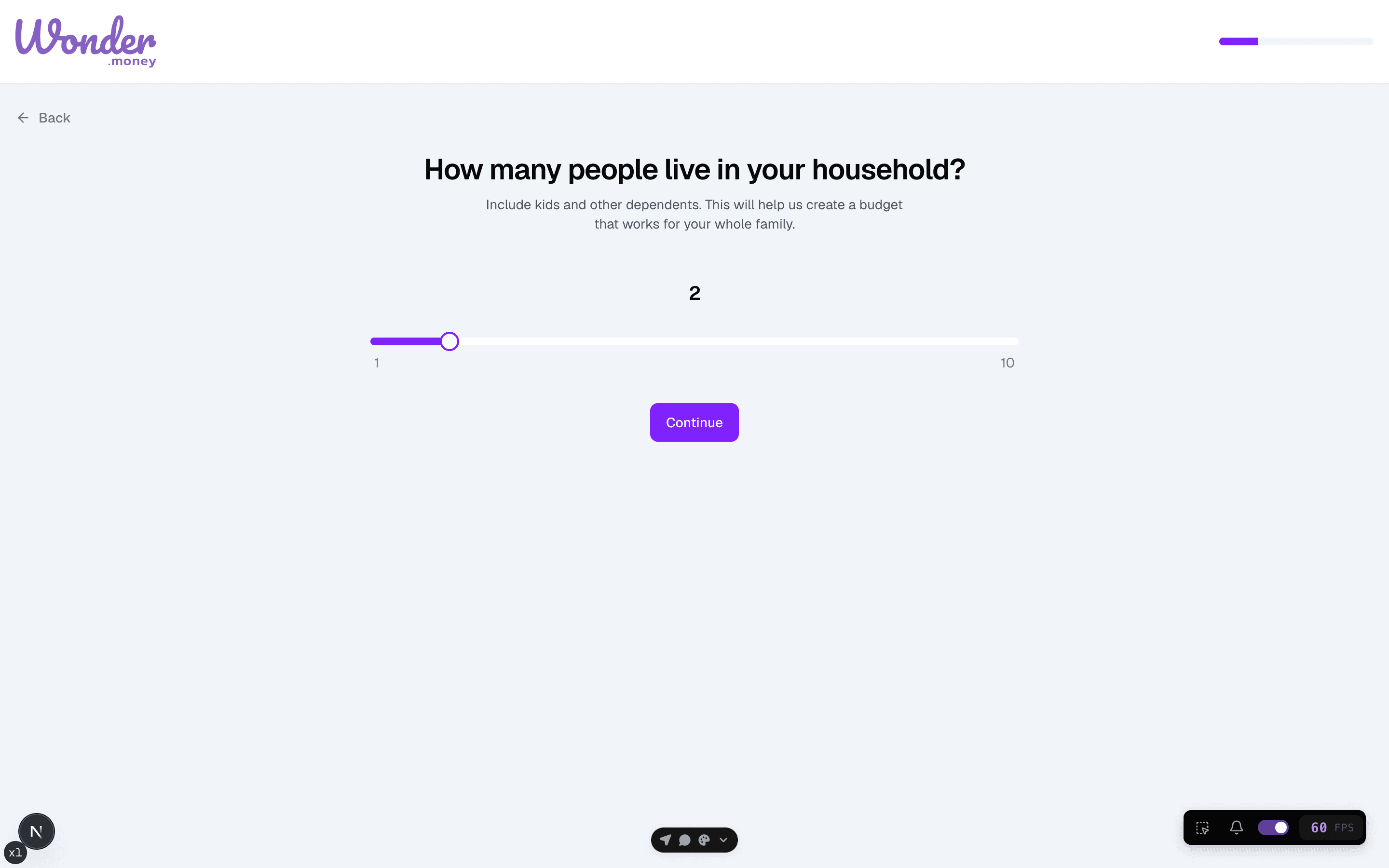 Budget wizard household step with a slider for the number of people in the household.