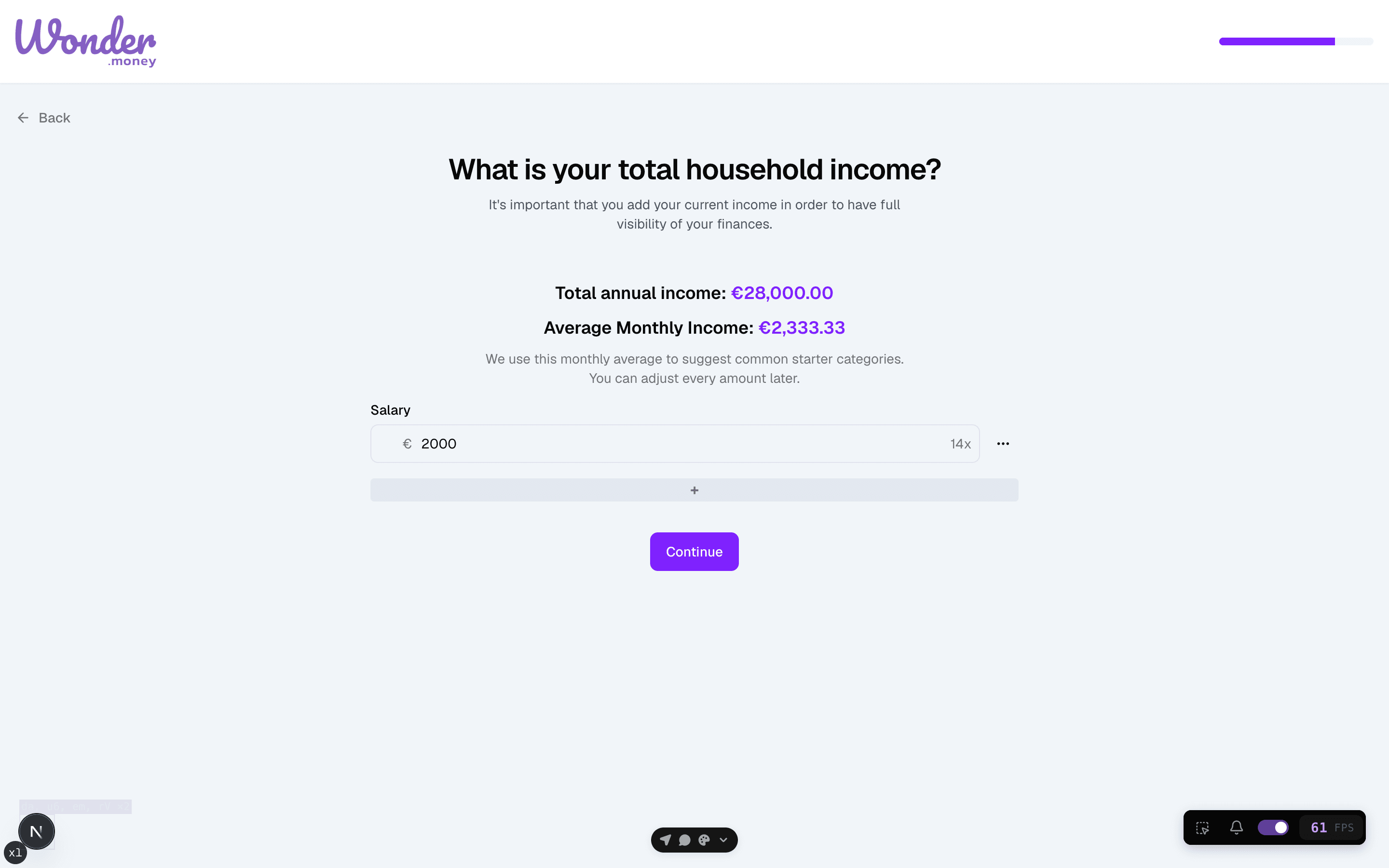 Budget wizard income step with a salary row and the calculated monthly average.