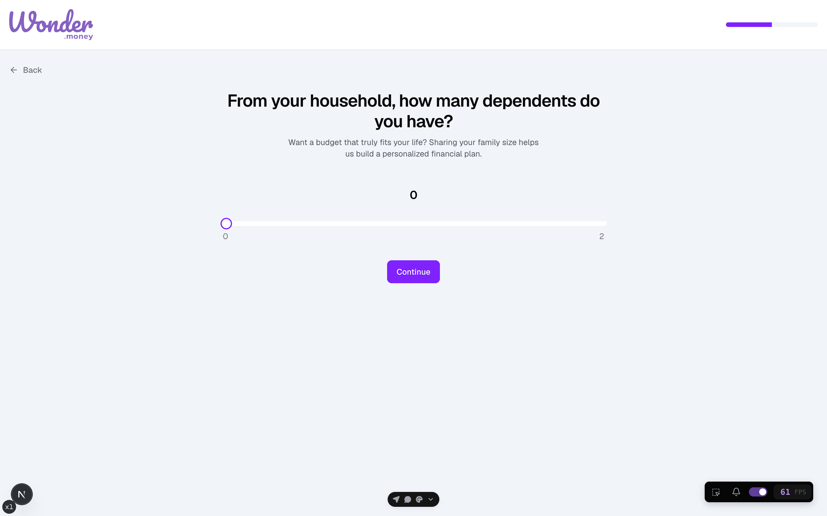 Budget wizard dependents step with a slider for the number of dependents in the household.