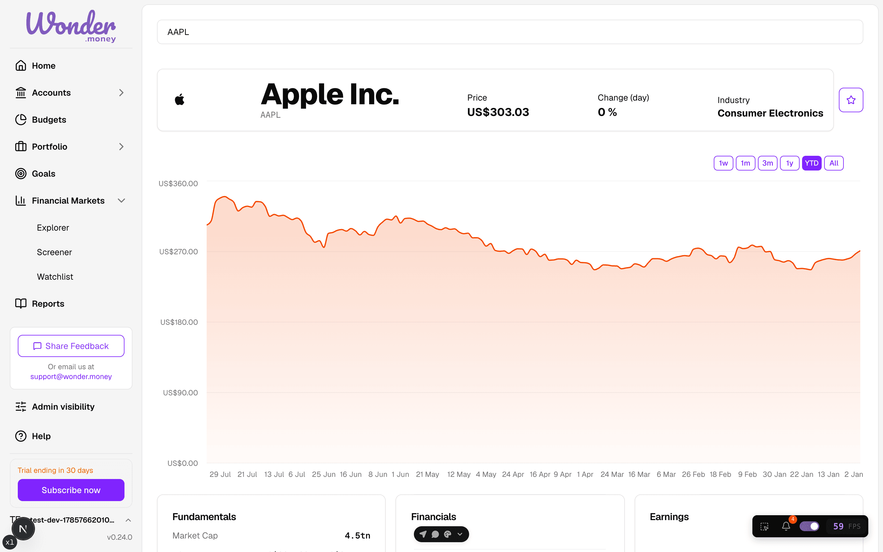 Explorer showing Apple Inc. with price, fundamentals, financials, and earnings panels.
