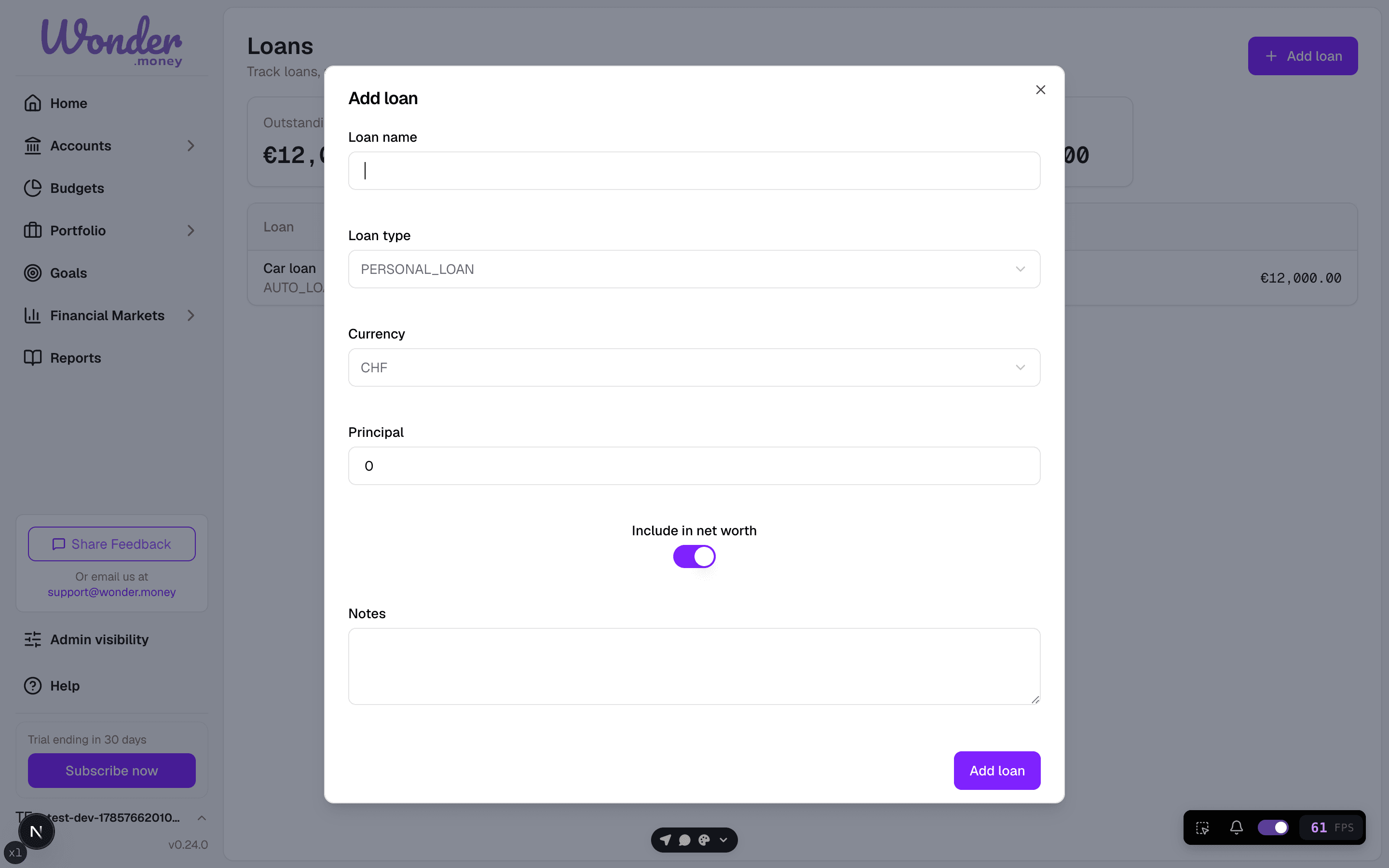 Add loan drawer with fields for loan name, type, currency, and principal.