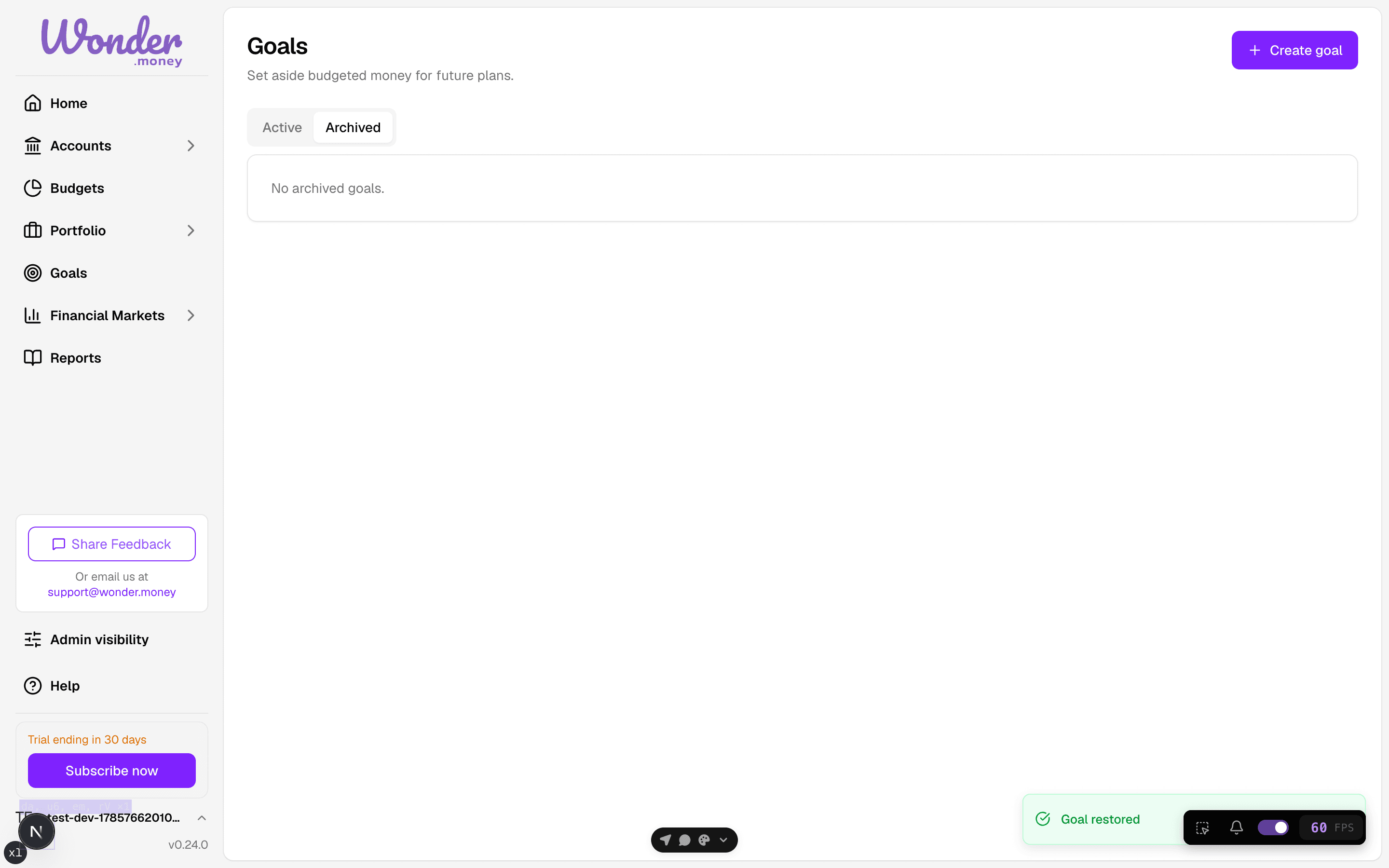 Archived goals tab with no archived goals and an empty-state message.