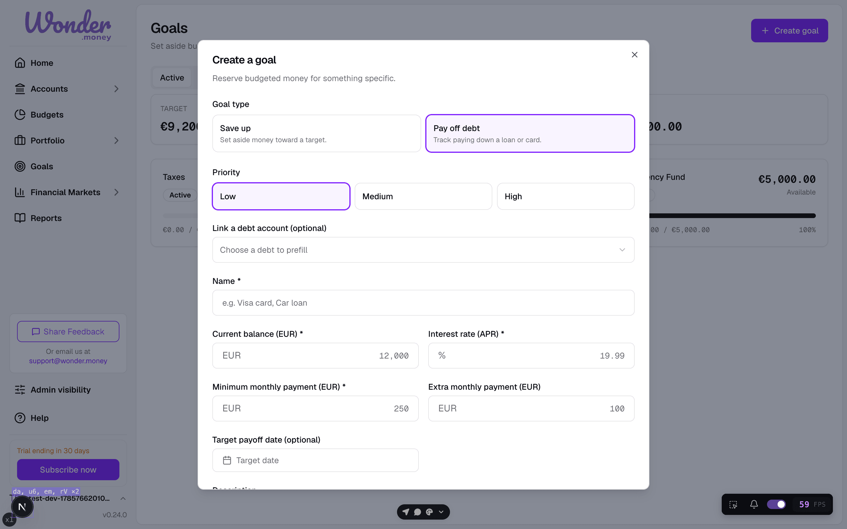 Create goal dialog with Pay off debt selected and fields for current balance and interest rate.