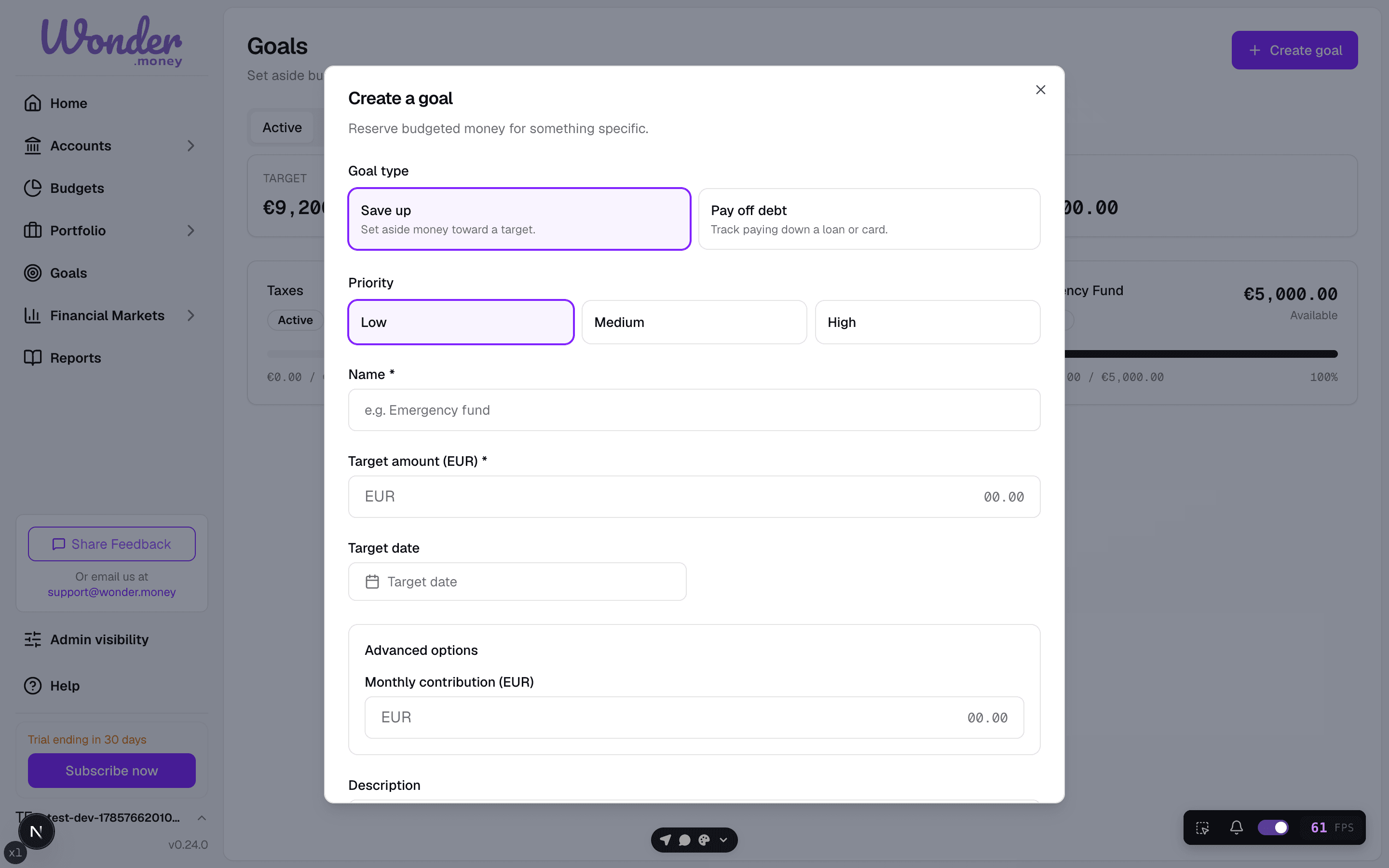 Create goal dialog with Save up selected and fields for name and target amount.
