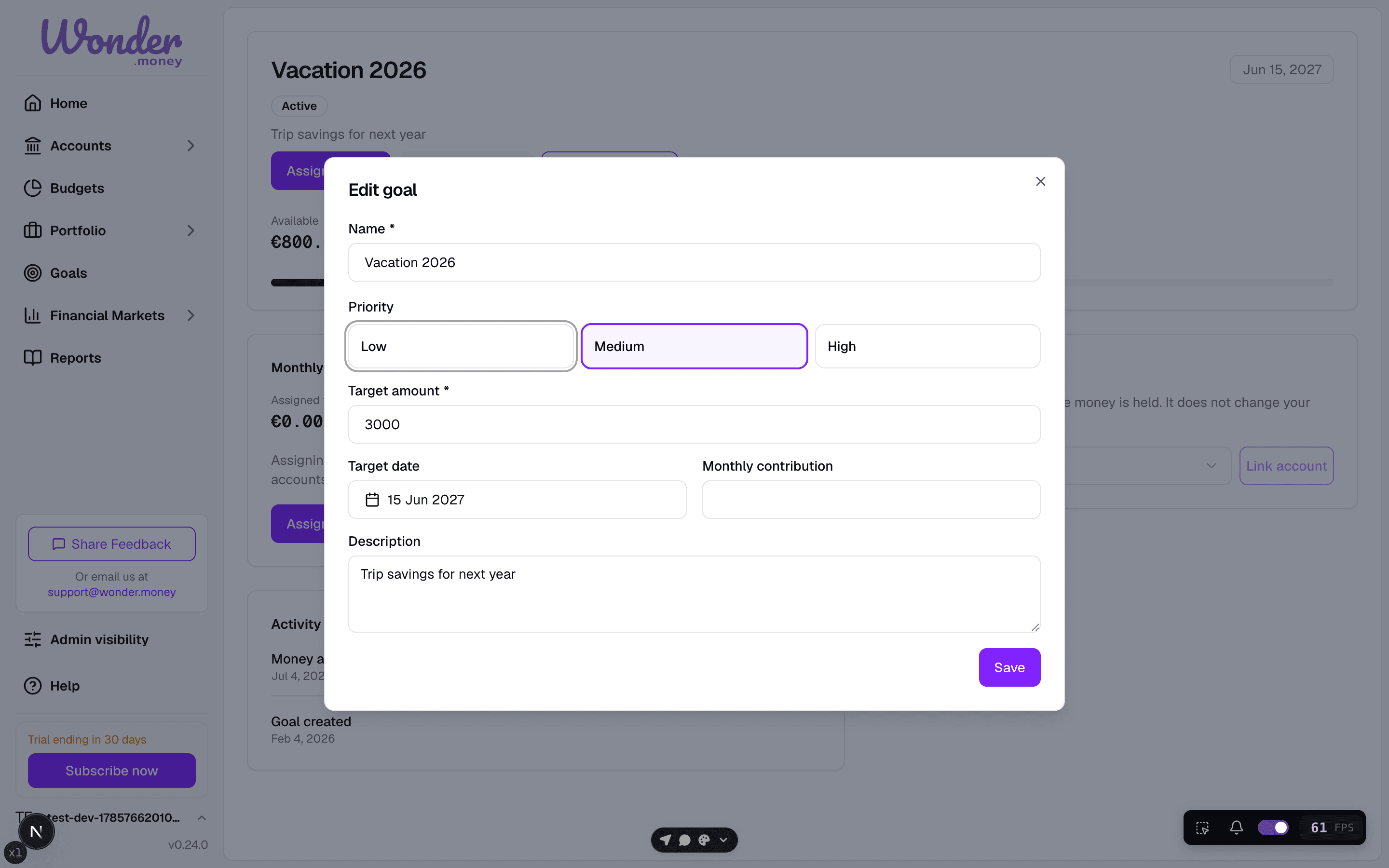 Edit goal dialog with a Priority field offering Low, Medium, and High options.