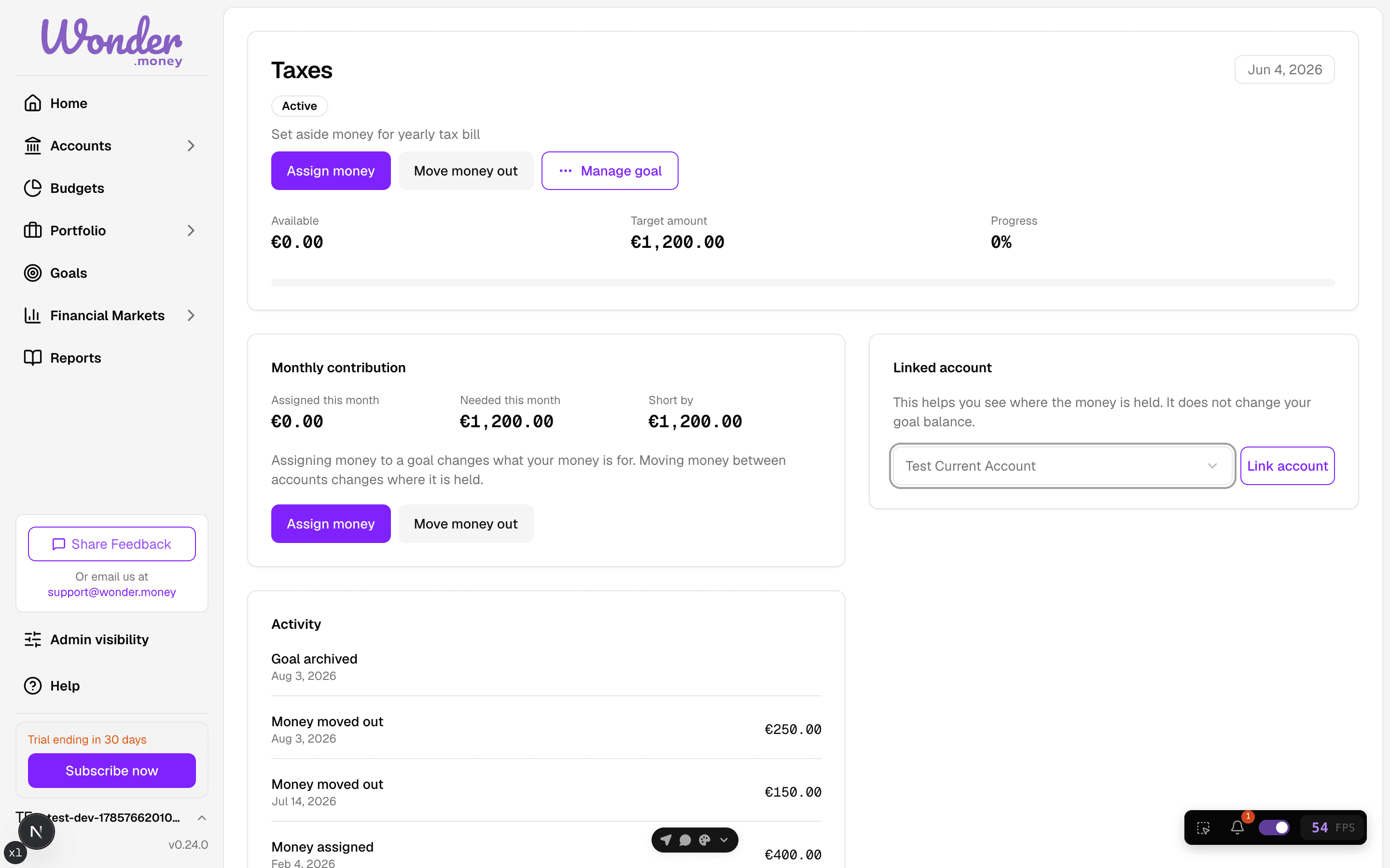 Goal detail page with the Link account dropdown showing a selected account and an enabled Link account button.