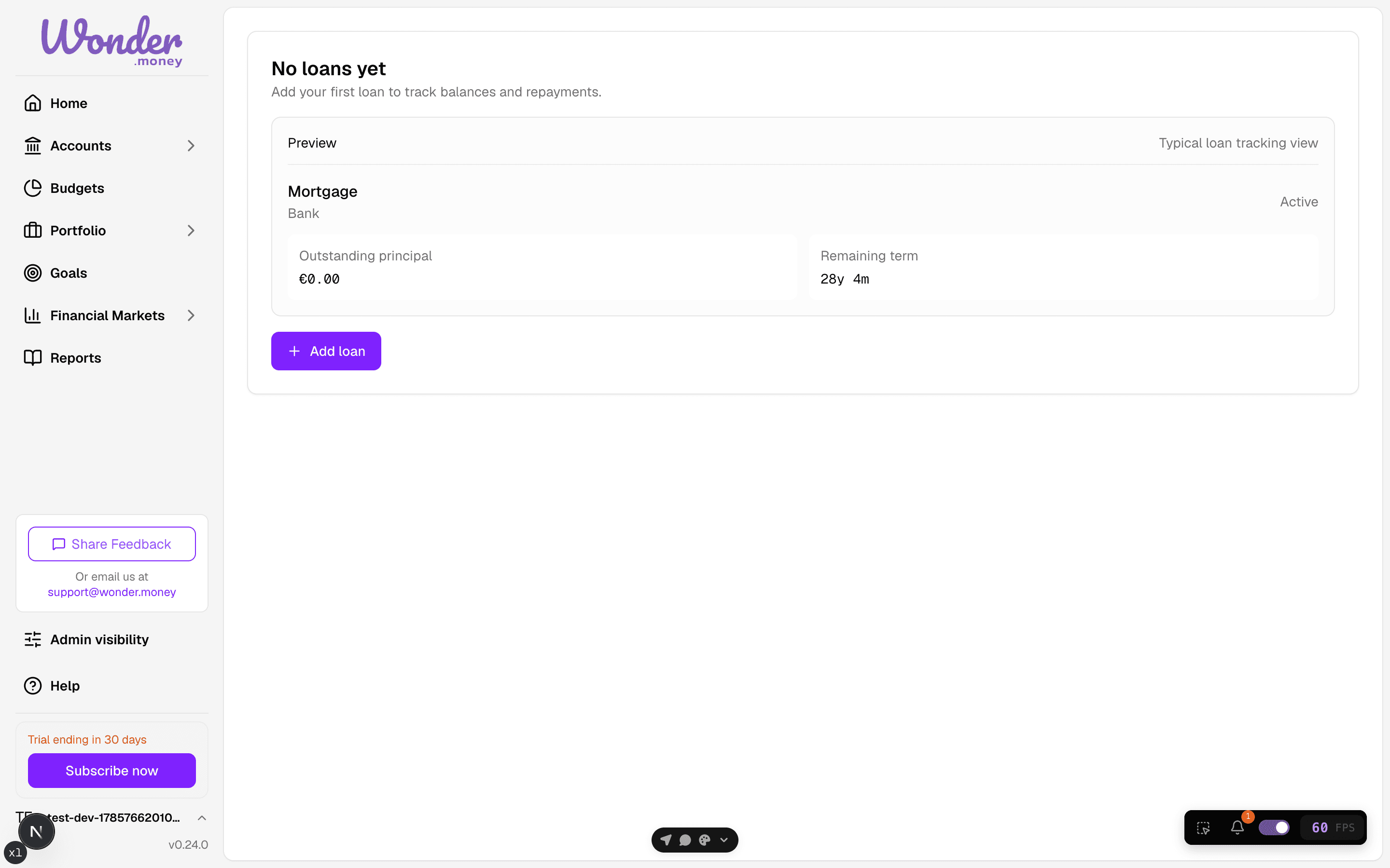 Loans page empty state with a preview card and an Add loan button.