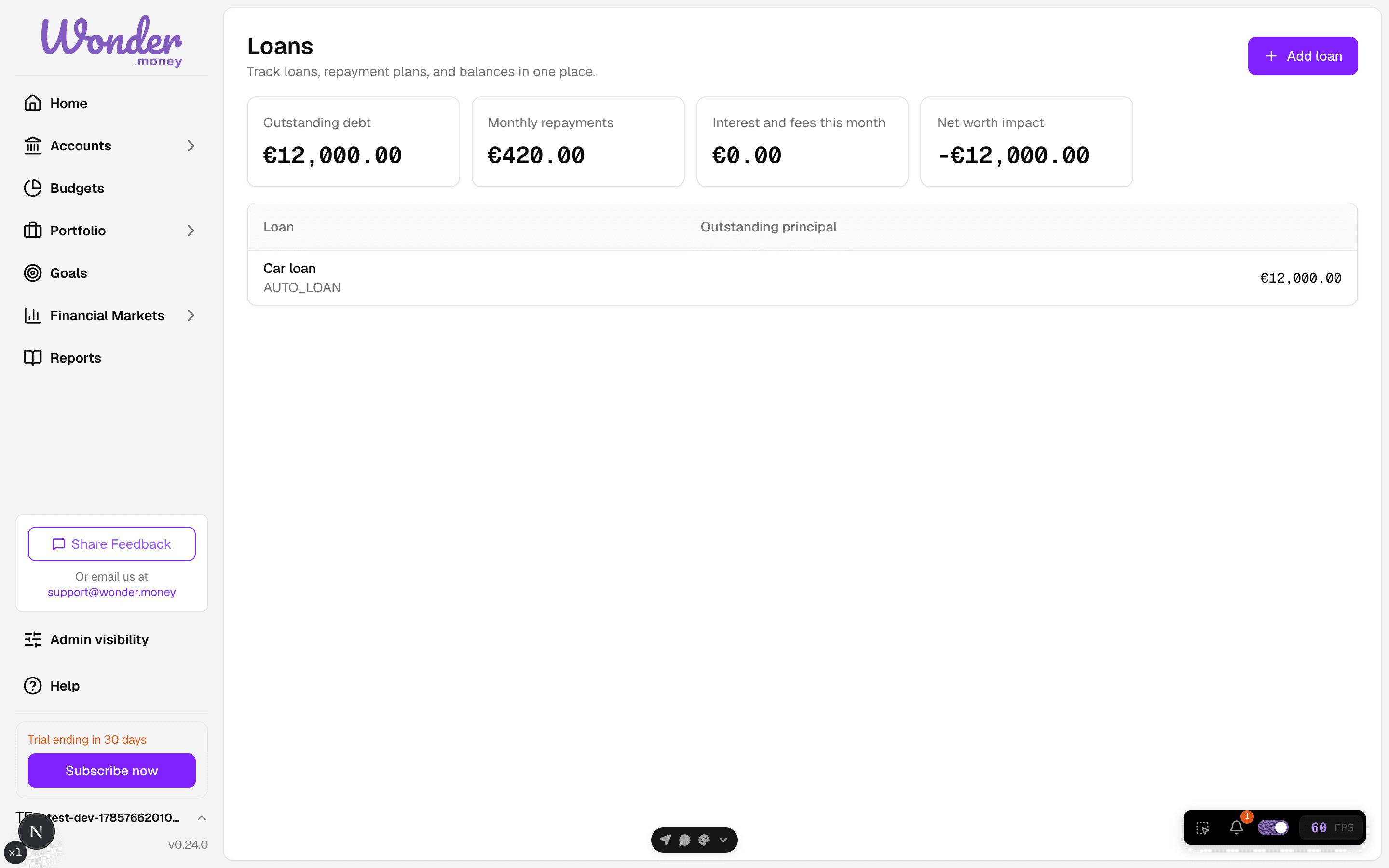 Loans page with a summary card for outstanding debt and a table listing a car loan.