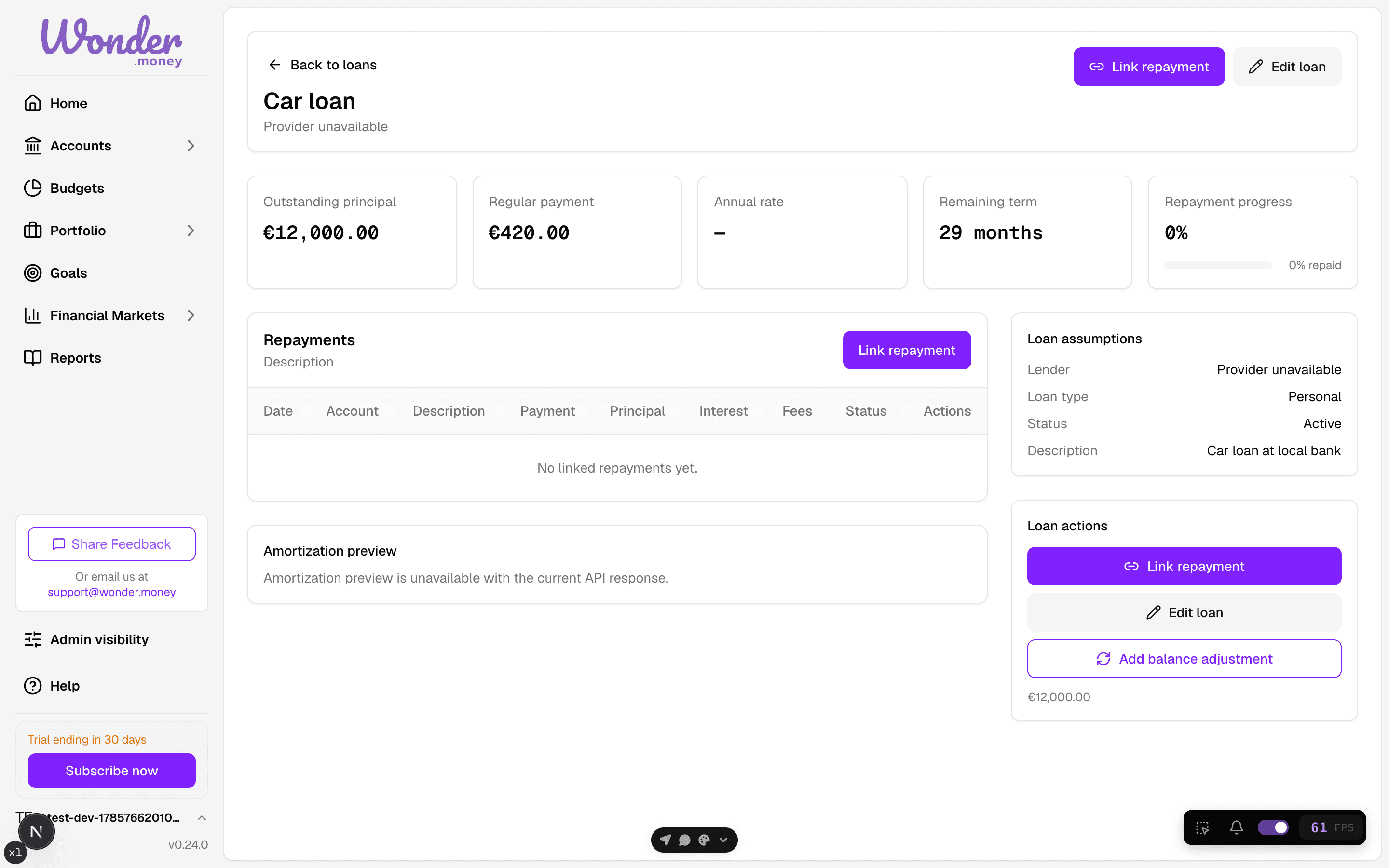 Loan detail page with outstanding principal, regular payment, annual rate, and a repayments table.