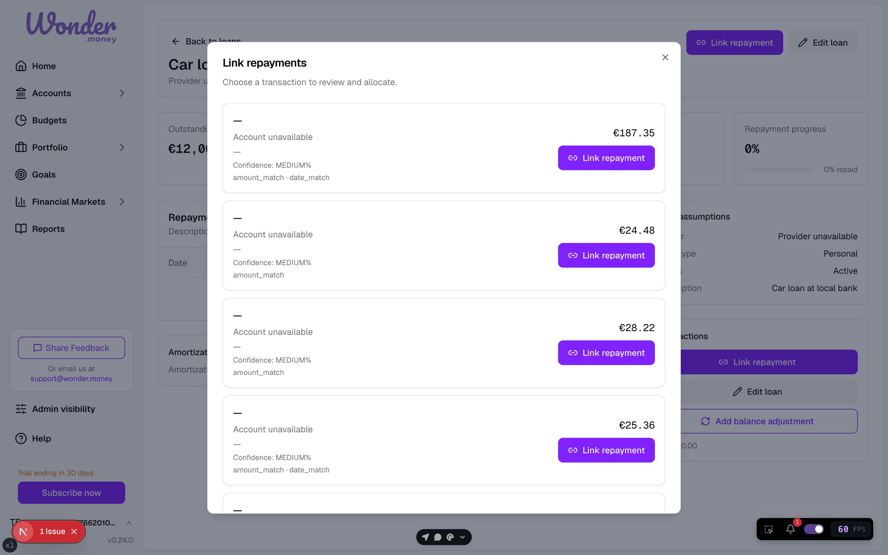 Link repayments drawer listing candidate transactions with amounts and a Link repayment action for each.
