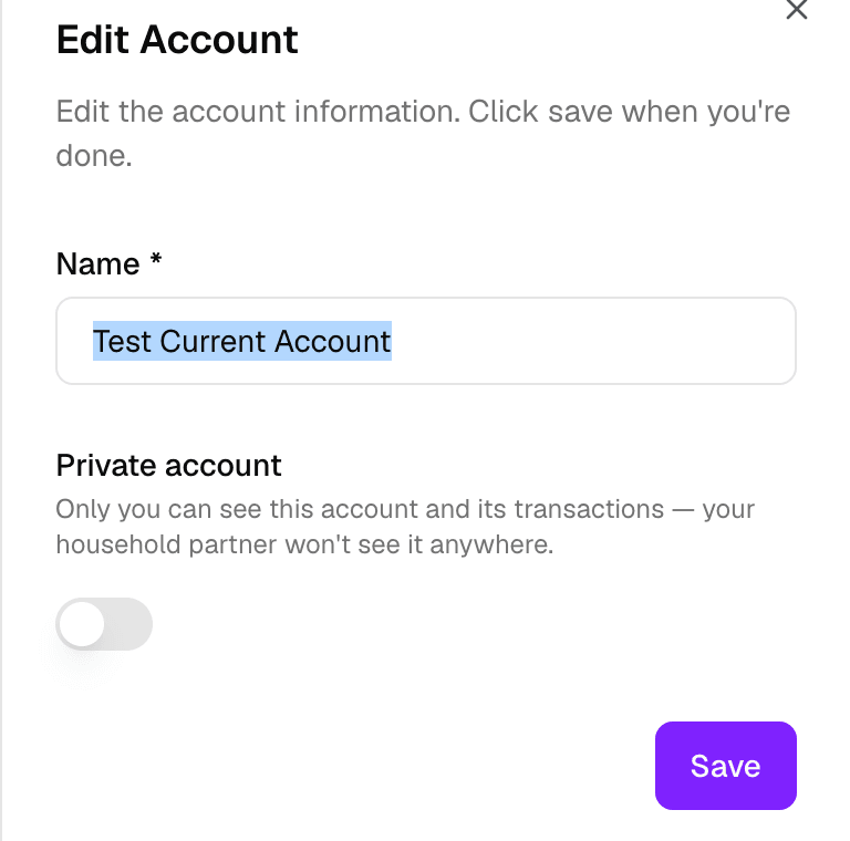 Account details with the privacy toggle set, switching the account between shared and private.