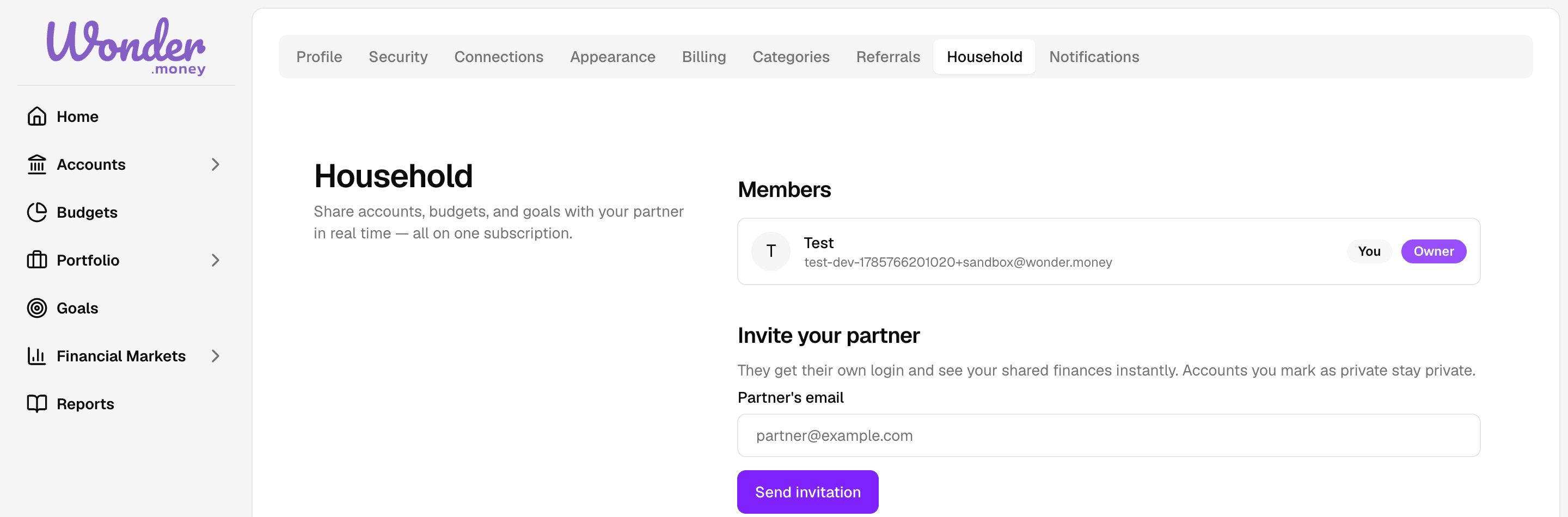 The household settings overview, showing the household name, the owner, and the member list.
