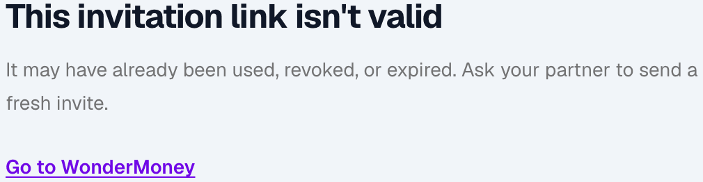 The join page showing the invalid-invite state, with a message explaining the link cannot be used.