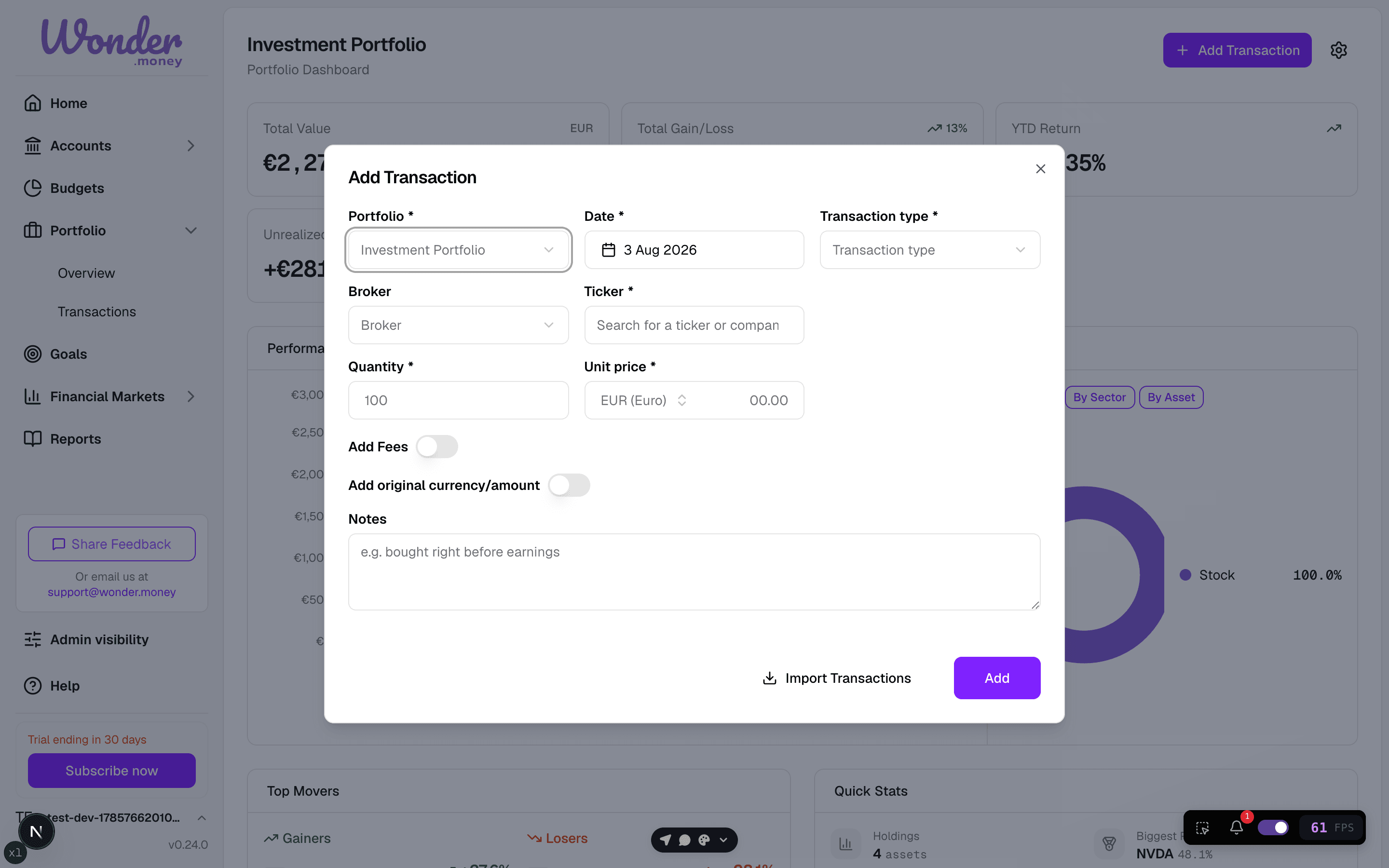 Add Transaction modal with portfolio, date, transaction type, broker, quantity, unit price, and notes fields.