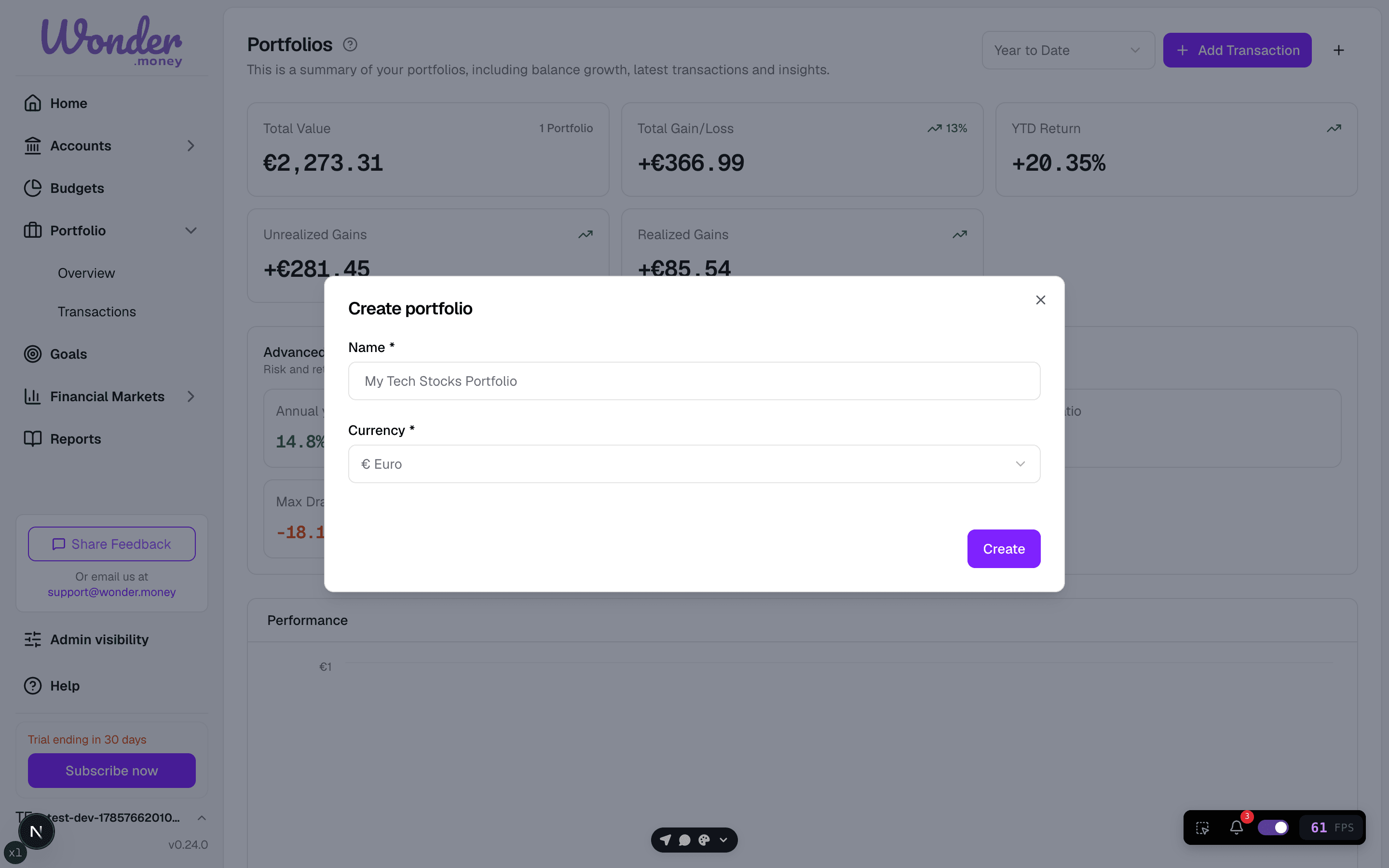 Create portfolio dialog with a Name field, currency selector, and Create button.