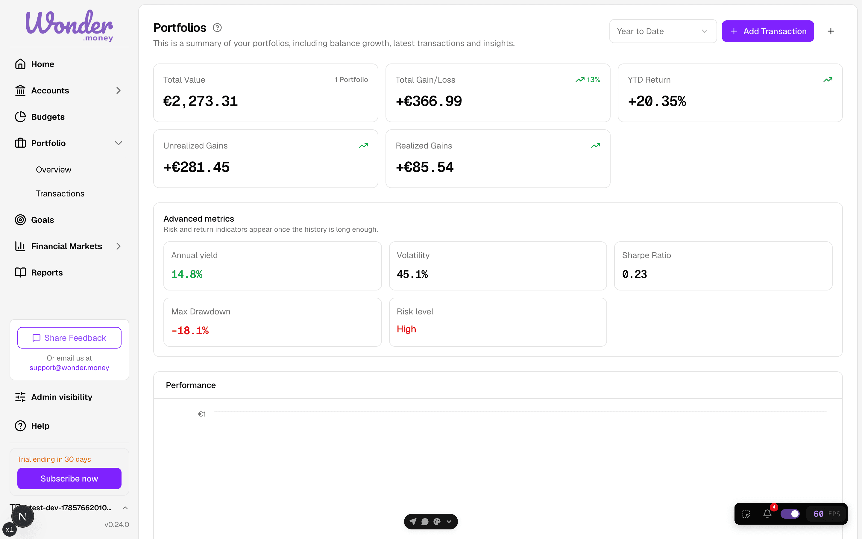 Portfolio dashboard showing total value, performance chart, allocation, benchmark comparison, and a holdings table for the seeded Investment Portfolio.