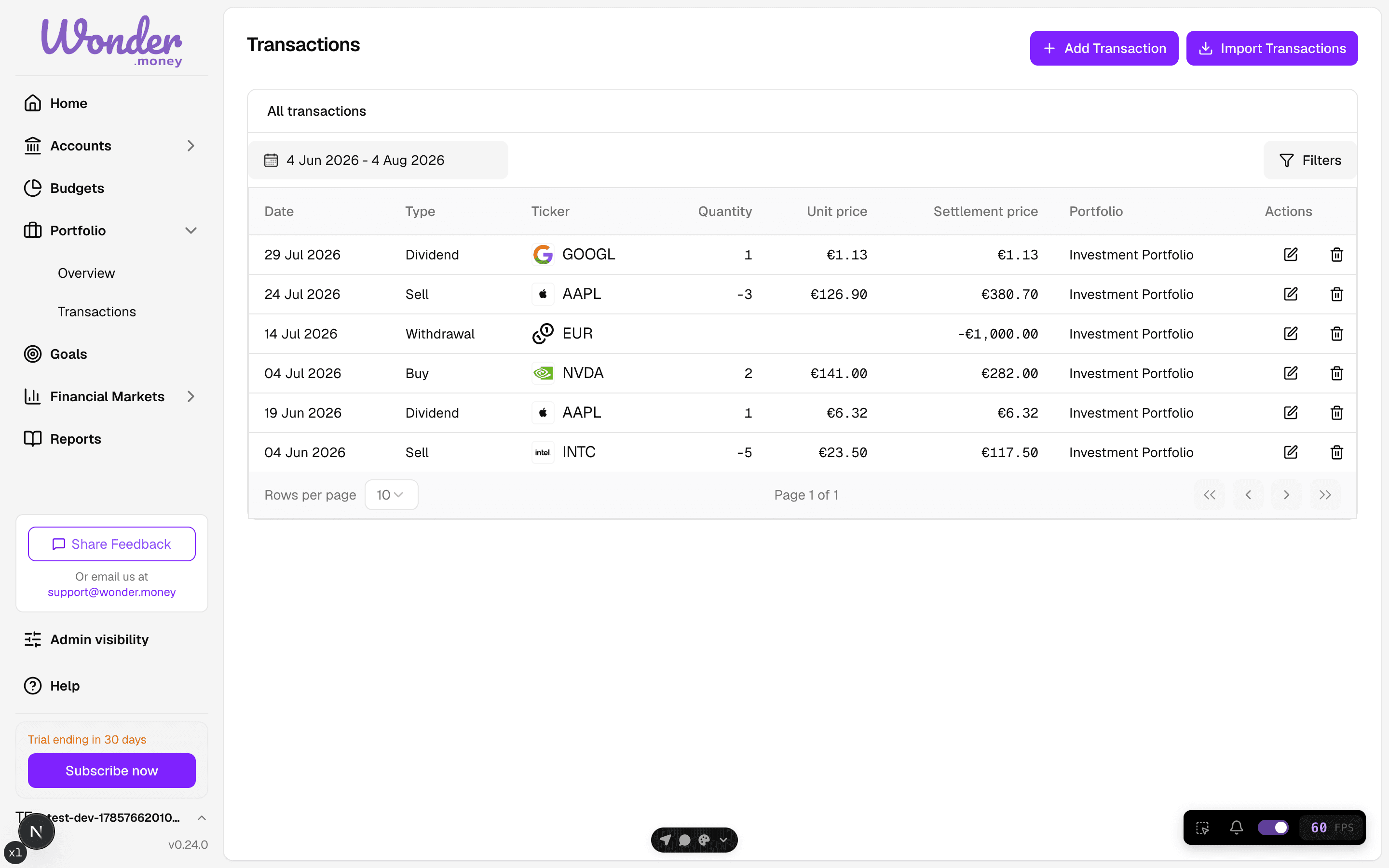 Portfolio transactions list showing buys, sells, dividends, and withdrawals for the Investment Portfolio.