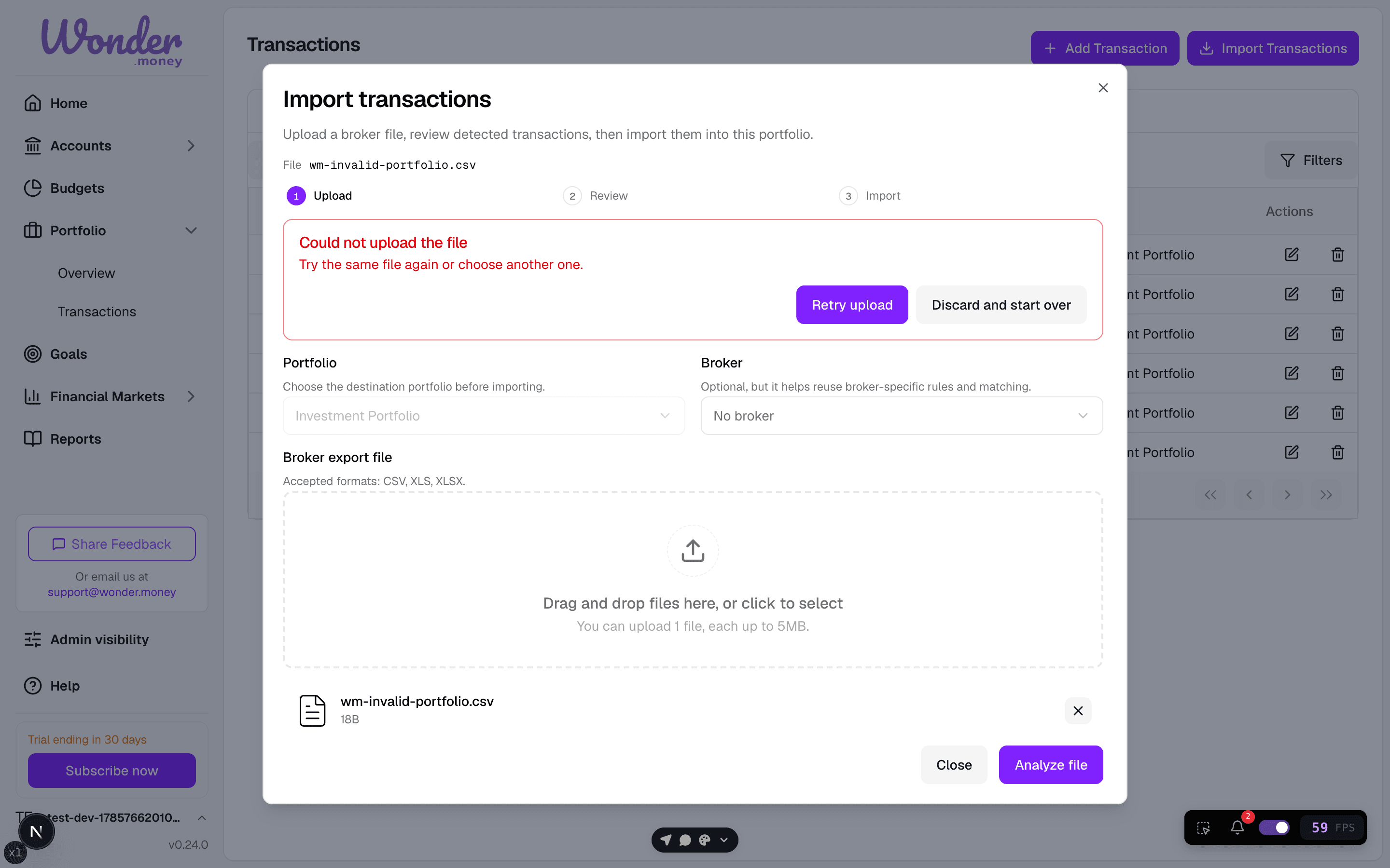 Import Transactions modal showing a Could not upload the file error with Retry upload and Discard and start over actions.