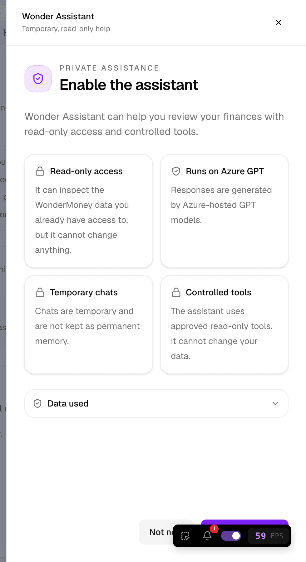 Assistant consent screen explaining read-only access, temporary chats, Azure-hosted responses, and controlled tools with an enable button.
