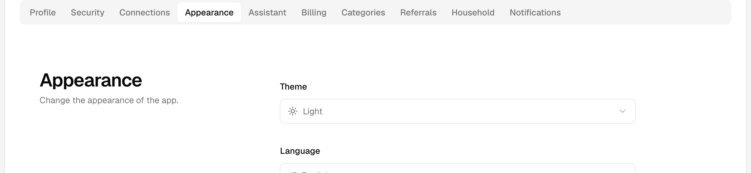 Appearance tab in Settings with theme and language selectors.