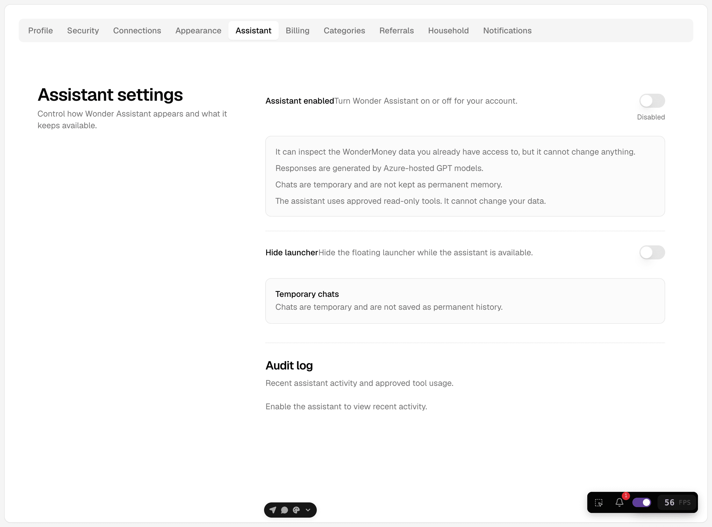 Assistant settings with the enable switch, consent details, hide-launcher switch, and audit log section.