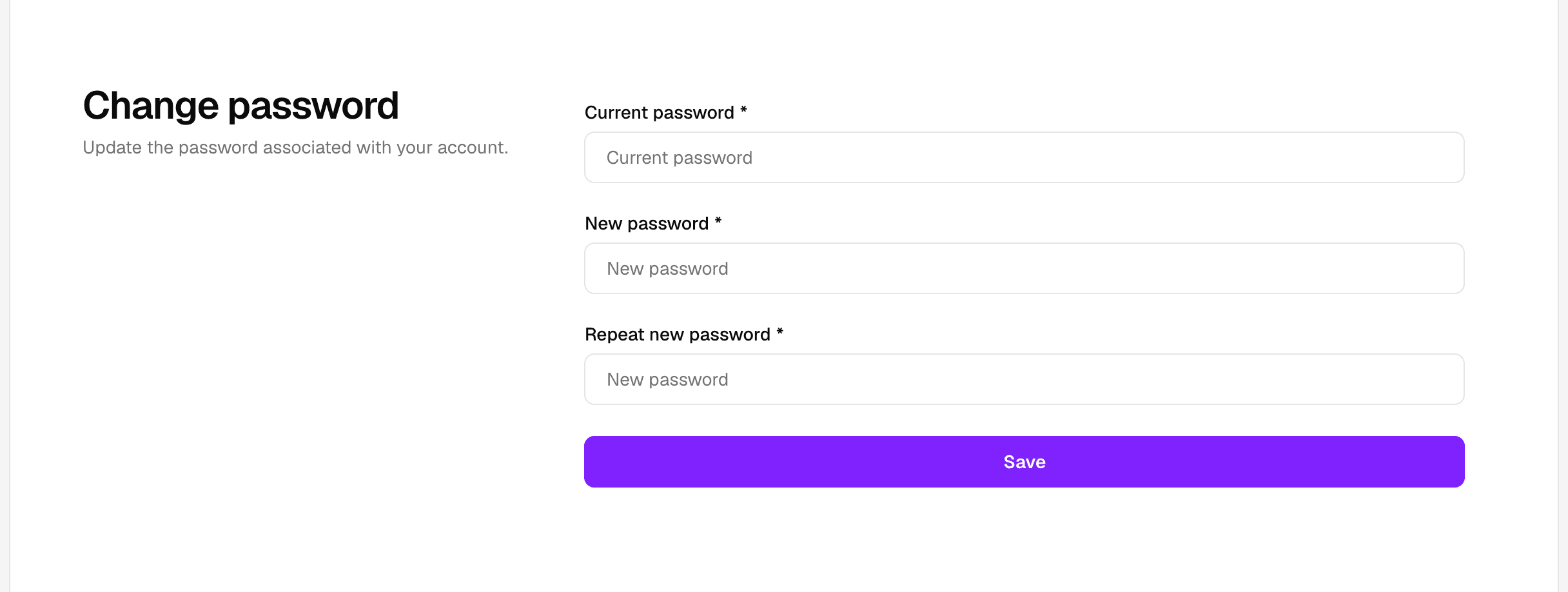Change password form with current password, new password, and repeat new password fields.