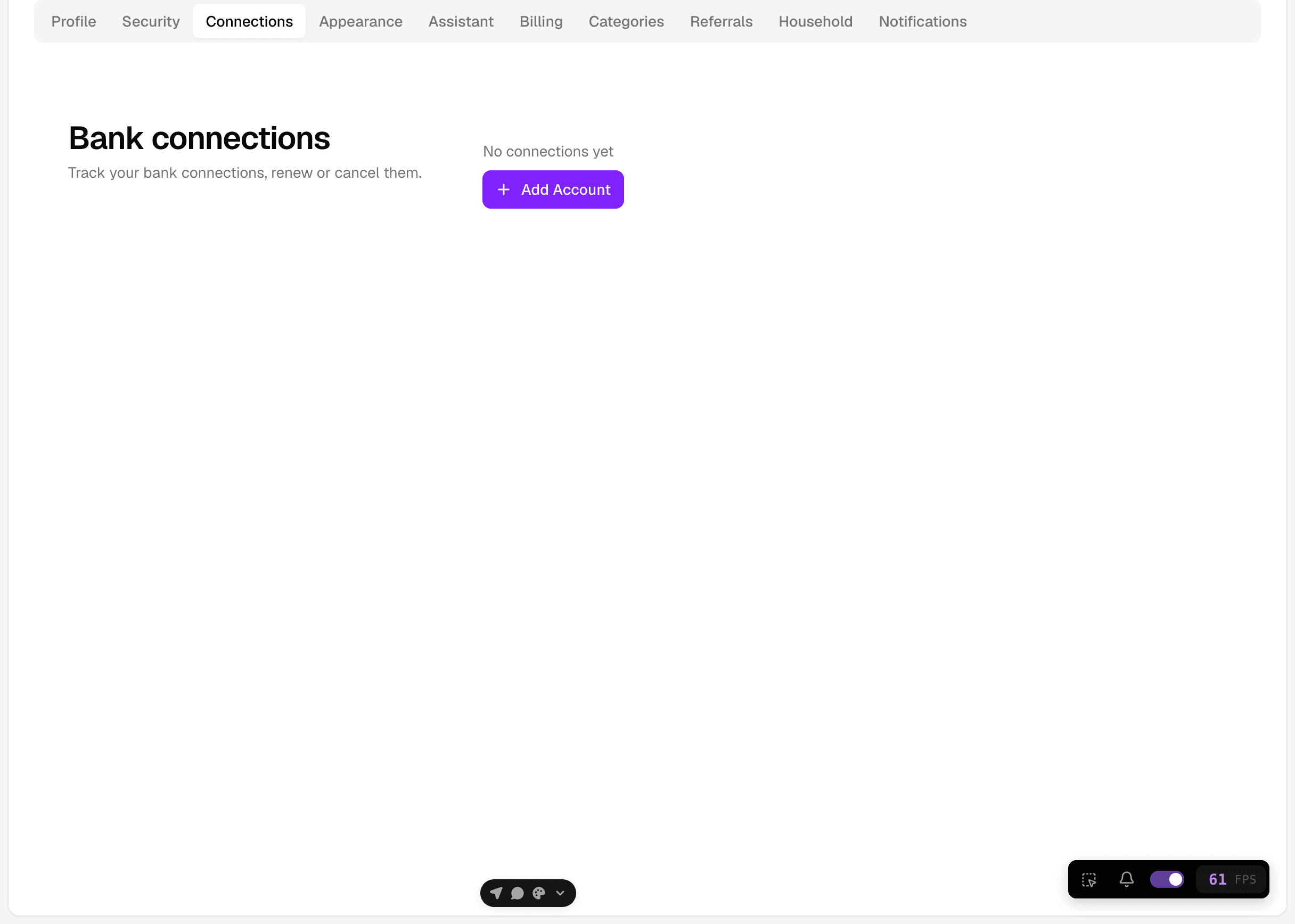 Bank connections tab showing where connected services and their read-only access are managed.