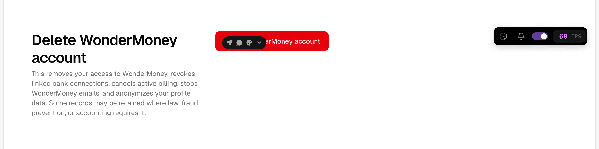 Delete WonderMoney account section with the destructive Delete WonderMoney account button.