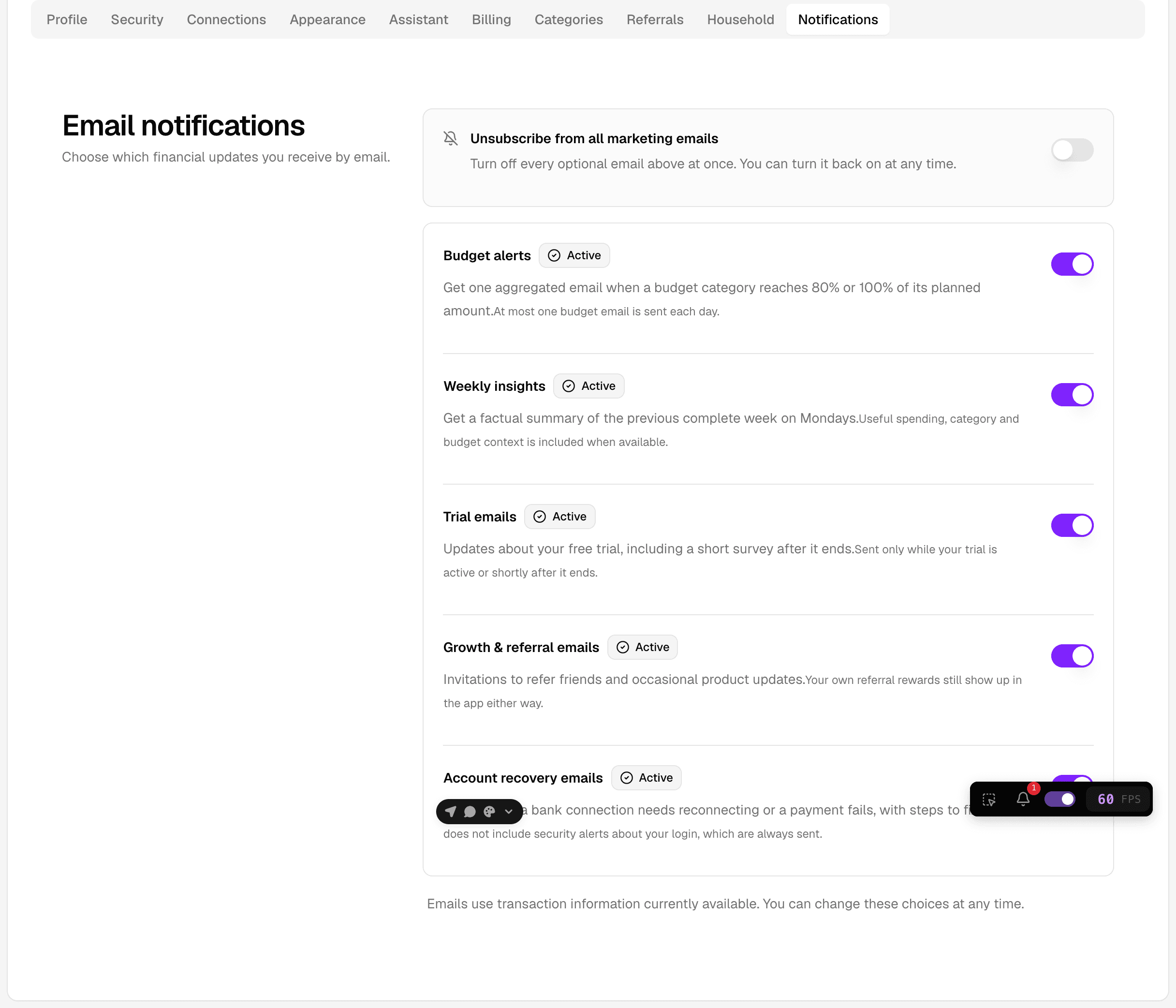 Email notification preferences listing the unsubscribe-from-all-marketing switch and each email category with its on/off switch.