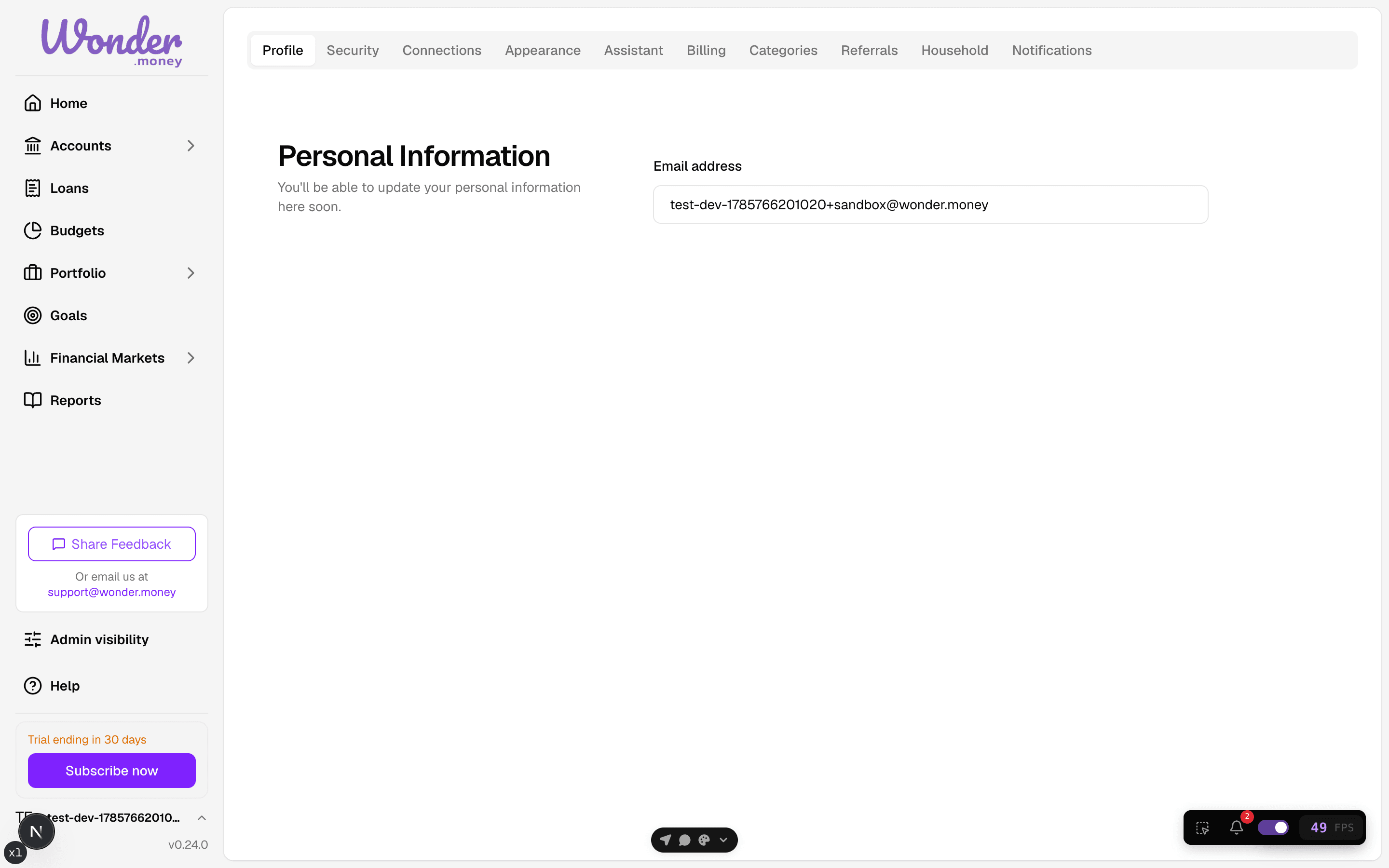 Settings page with the Profile tab open showing the personal information and email address fields.