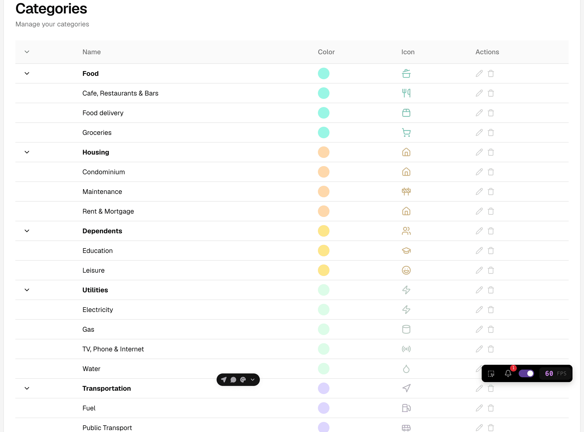 Categories settings listing the category table with name, color, icon, and actions columns.