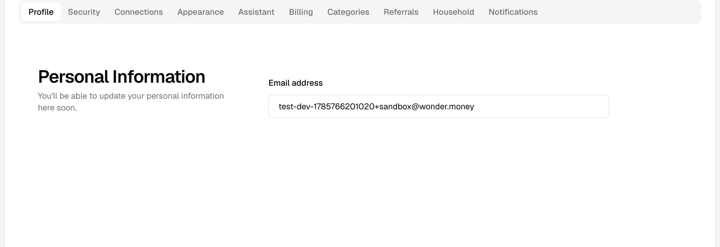 Profile tab in Settings with the personal information section and the read-only email address field.