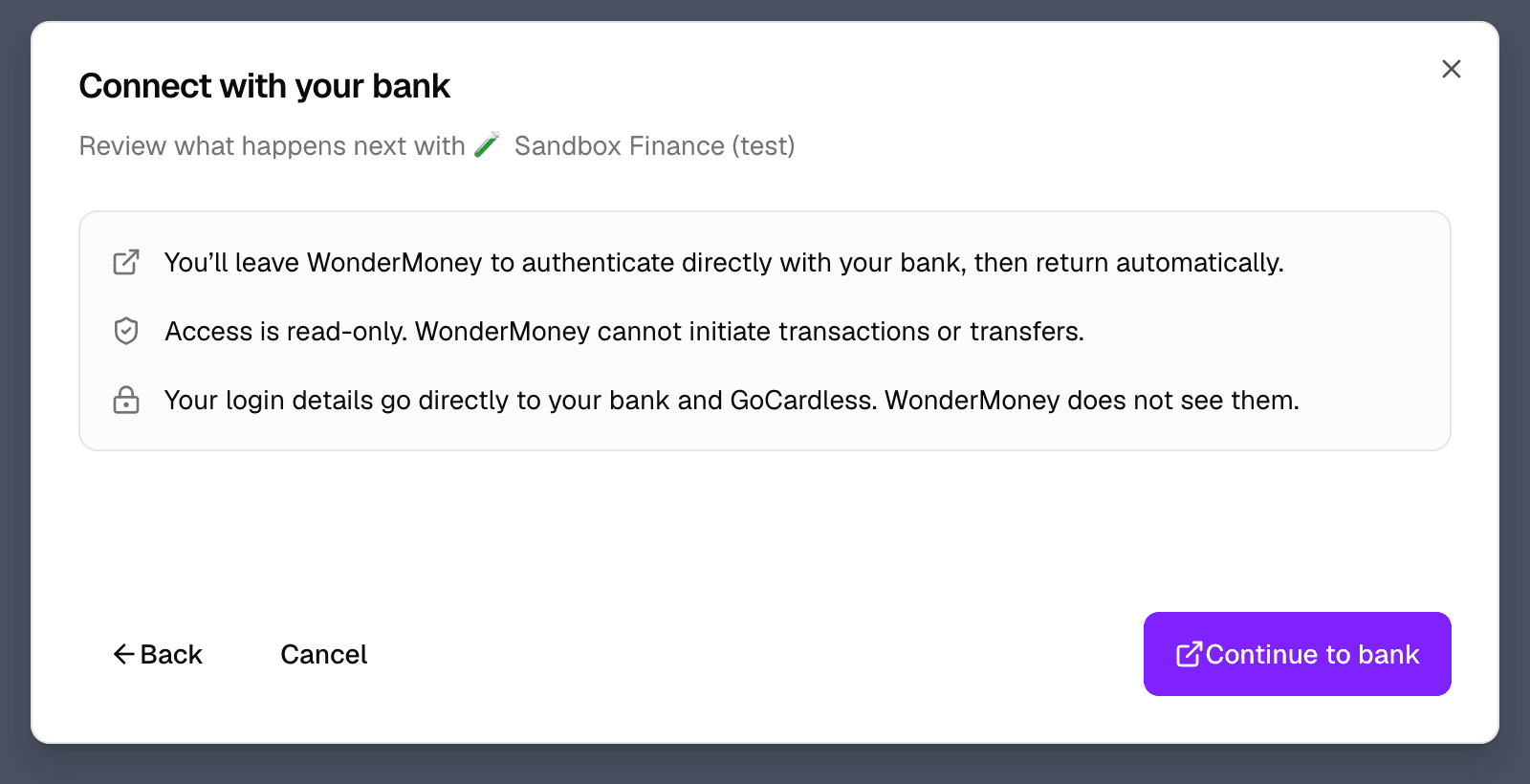 Connect with your bank modal explaining that access is read-only and that login details go directly to the bank.
